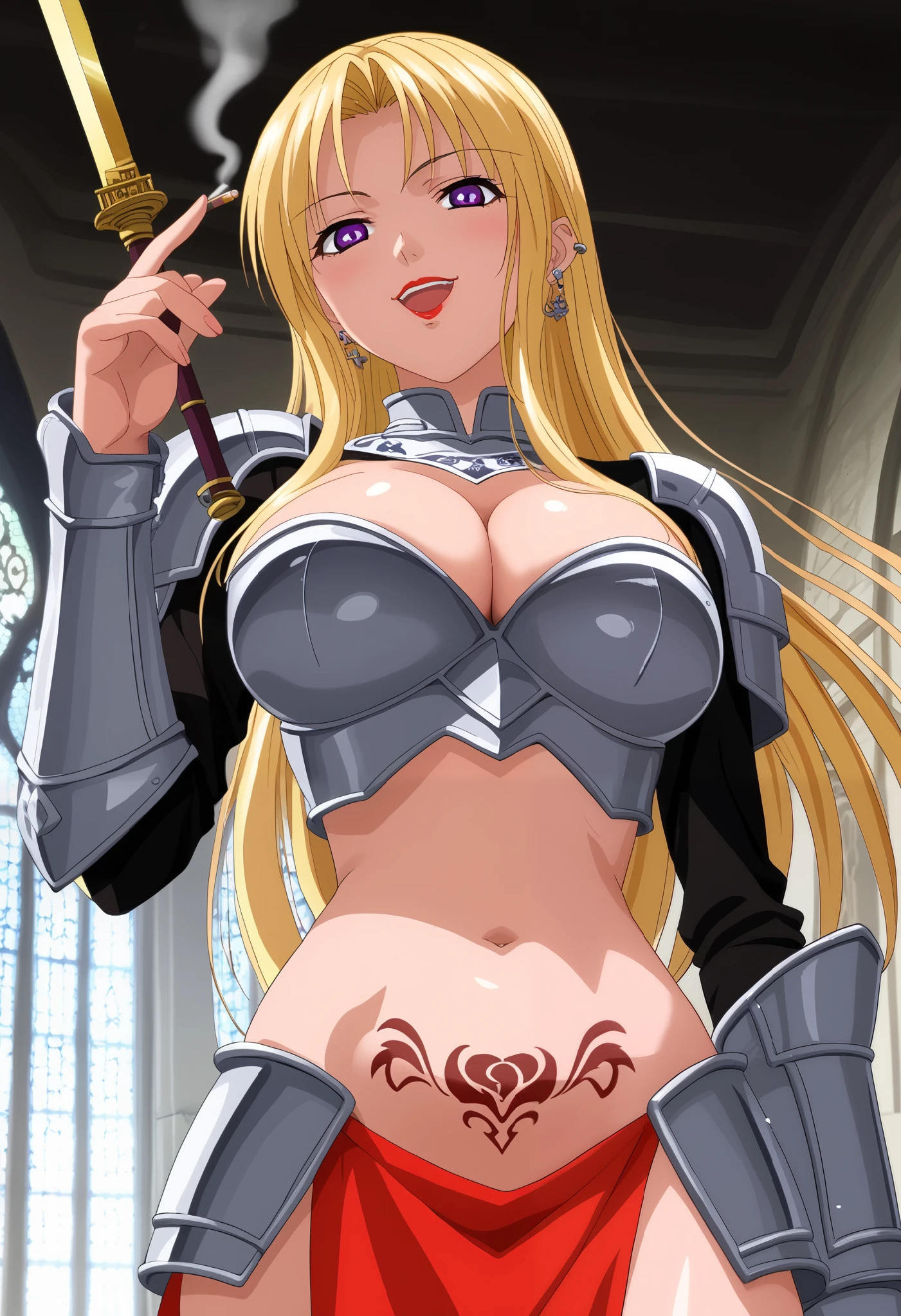 looking at viewer,evil smile,shaded_face,parted lips,looking down,
solo,KaoriSaeki,1girl,blonde hair,large breast. long hair purple eyes,
, ear piercing, long hair, blush, lipstick,Hot girl, baddie, smoking, sensual, attractive ,masterpiece, best quality, highly detailed, fantasy , a anime girls in armored dress holding a sword
posing for a picture, evil smile, smile, open mouth, breastplate with open cleavage, cleavage, warrior
outfit, ecchi anime style, anime girls, ecchi style, (nsfw) not safe for work, ecchi, digital anime art!!, in
anime style, official artwork, visual novel cg, beautiful anime girl, anime style 4 k , loincloth, exposed
belly, exposed navel, exposed midriff, exposed lower belly, pencil skirt armored, castle,inside castle,, dragon tattoo , tattoo midriff, rose tattoo, shiny skin, 