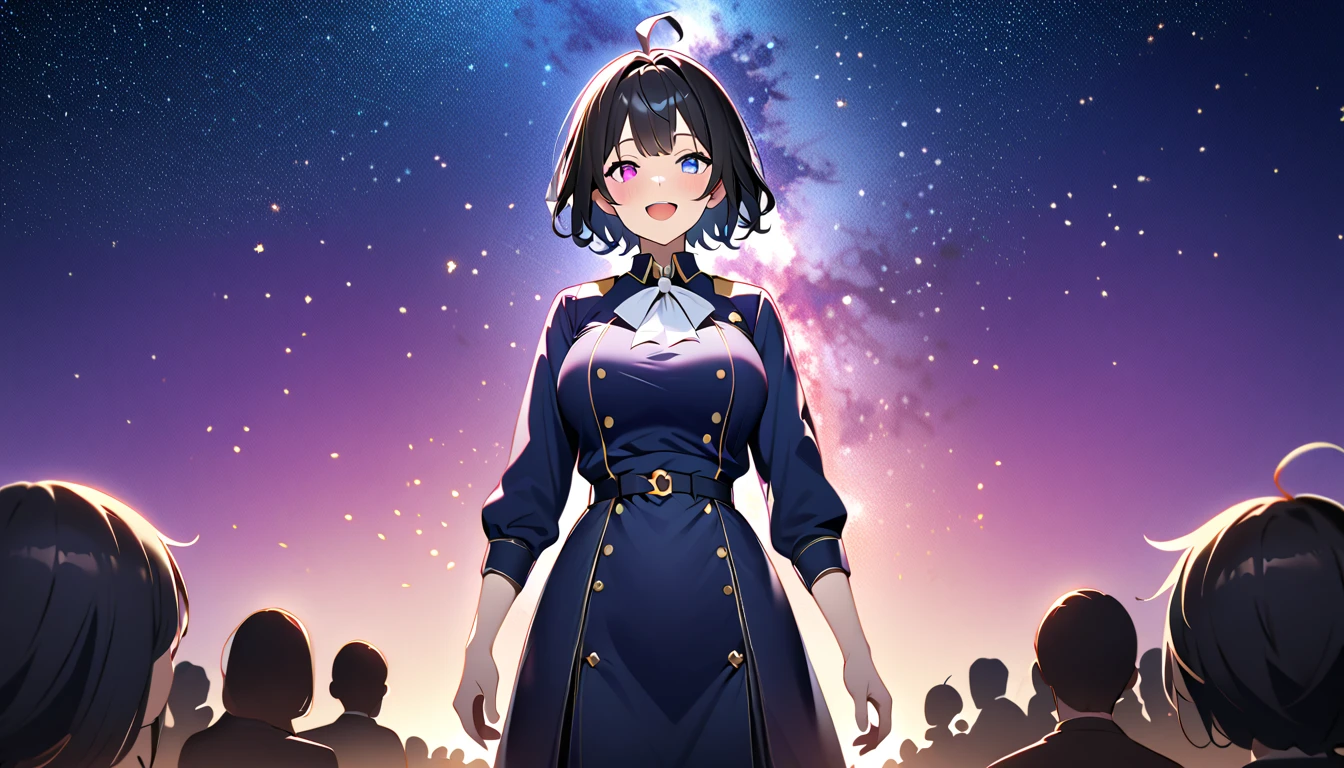 Beautiful illustrations, Best Quality, ((upright)), ((Arms at your sides)), Watching the audience,((1 man)), Open your mouth, smile, Virtual YouTuber、((Best Quality, expensive_solve, Clear_image)),(Black Hair), (Ahoge), (Extremely short hair), (Wavy Hair), heterochromia,purple eye,white eye 、Laughter、Very large breasts、I can see the valley、uniform、Background starry sky