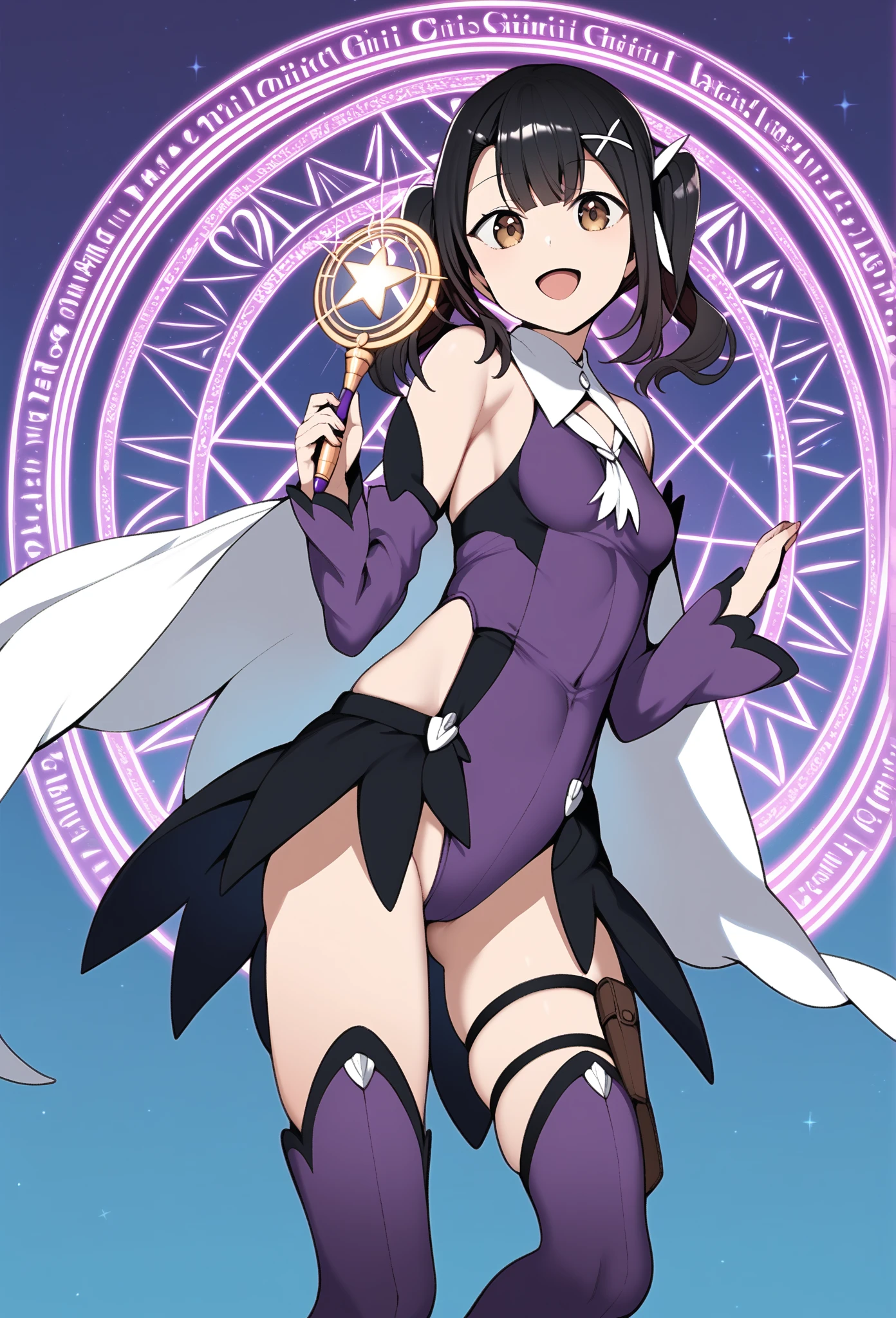 score_9, score_8_up, score_7_up, score_6_up, score_5_up, score_4_up, source_anime, aamiyu, black hair, twintails, x hair ornament, brown eyes, small breasts, bare shoulders, magical girl, white cape, purple leotard, detached sleeves, purple sleeves, showgirl skirt, black skirt, thigh strap, thigh pouch, purple thighhighs, standing, cowboy shot, holding wand, smile, open mouth, magic circle,