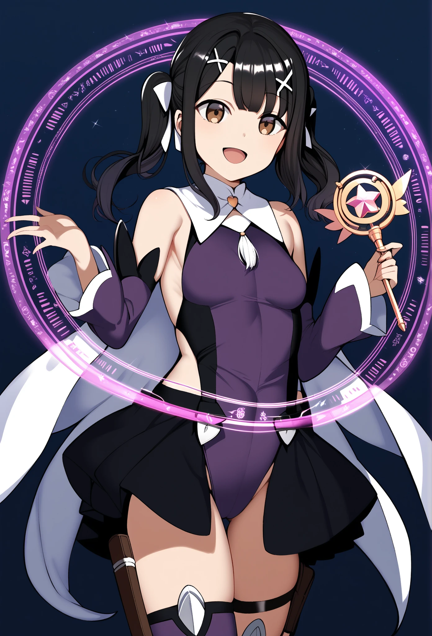 score_9, score_8_up, score_7_up, score_6_up, score_5_up, score_4_up, source_anime, aamiyu, black hair, twintails, x hair ornament, brown eyes, small breasts, bare shoulders, magical girl, white cape, purple leotard, detached sleeves, purple sleeves, showgirl skirt, black skirt, thigh strap, thigh pouch, purple thighhighs, standing, cowboy shot, holding wand, smile, open mouth, magic circle,