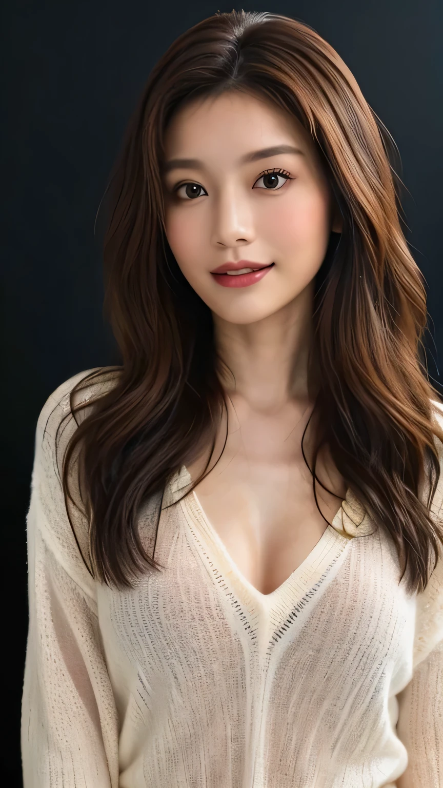 (8k、 Photorealistic :1.3、 Original photo、 top quality :1.2)、( super skinny body 、A woman with a thin, beautiful perfect figure :1.4)、(())、Beautiful appearance、((Light brown hair 、 disheveled wavy long hair:1.1、 asymmetrical hair ))、 detailed eyes、 Beautiful details 、(Beautiful Makeup)（ Realistic Skin）、((V-neck light knit sweater、 Long Sleeve 、pure white、 oversized)）、 charming、 fresh smile 、 super A high resolution、 super realistic、 high detail、(())、( professional cool writing:1.2)、(( simple dark wall background))、 standing、