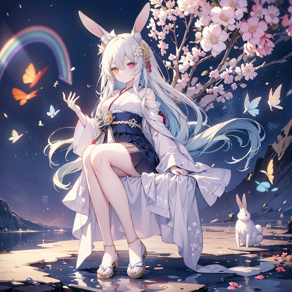 Hand Repair,masterpiece,(((( 1 girl)))), beautiful girl,City Background,((((full body shot,very wide shot,Rabbit Ears,I'm hiding my ears with my hair)))),Perfect white hair, long hair, ((((( rainbow heterochromia, Golden Eye Right Eye,Red Eye Left Eye ,she wearing a blue color furisode))))),Big Breasts, facing forward 