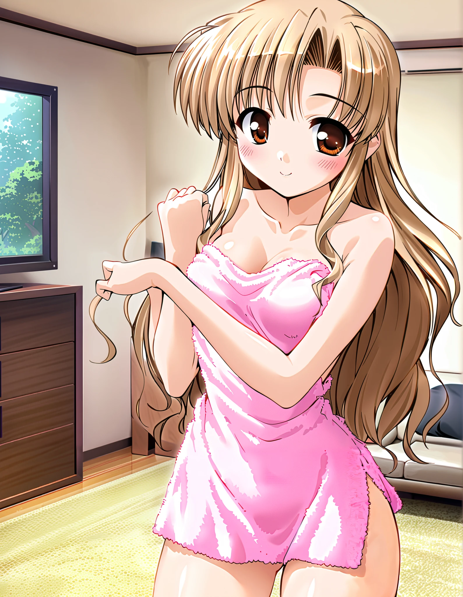 hozumi sayaka, Alone, (cowboy shot), long hair, brown hair, brown eyes, (wavy hair:0.7), blonde hair,  small breasts, ( naked bath towel ), (お風呂superiorり), (Red cheeks:1.2), ( Sexy Poses :1.2),  cleavage, (bright smile:1.1), ( living room), (Home),  score_9,  score_8_superior,  score_7_superior,  Source_anime, (best quality:1.2), 細部までこだわったanime,  high quality , full color, 8k,  high res