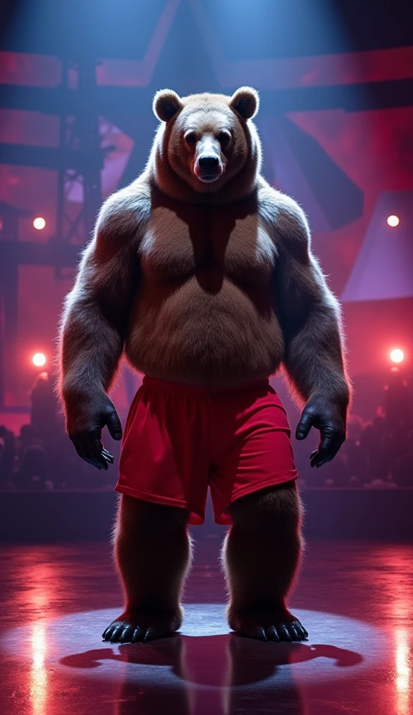 furry, fur taur, beartaur, middle-age, solo,1man, detailed face, bear ears, bear eyes(brown), bear nose(black), bear mouth, beard(grey), mature hair(grey), detailed arms, thick arms, muscular, thick hands(5 fingers), detailed body belly, thick body, muscle belly(white), thick chest, chest hair(white), nipples, detailed taur body, thick taur body, thick bear paws, thick bear tail, full body shot, standing on the stage