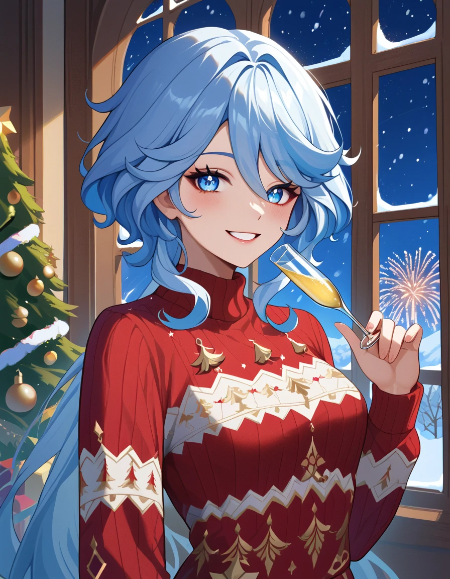 solo, happy look, happy smiling, happy atmosphere, Christmas, winter, snow, night sky, Furina from Genshin Impact, eyeshadow, Heterochromic eyes: dark blue left and light blue right. The hair is mostly grayish-white to the shoulders, curling at the ends, but also has a few blue strands.. She's wearing a Christmas sweater and a plaid skirt, ( beautiful eyes:1.1), (perfect face, detailed face, detailed eyes, perfect eyes, perfect hands, perfect fingers, medium breast, upper body), perfect hands, detailed clothing, long legs full body, Full-length focus, indoors, She stands next to the Christmas tree, holding a glass of champagne in one hand, Christmas decorations on the wall, New Year's Eve fireworks in the window on the background, (looking at the viewer), Shiny Skin