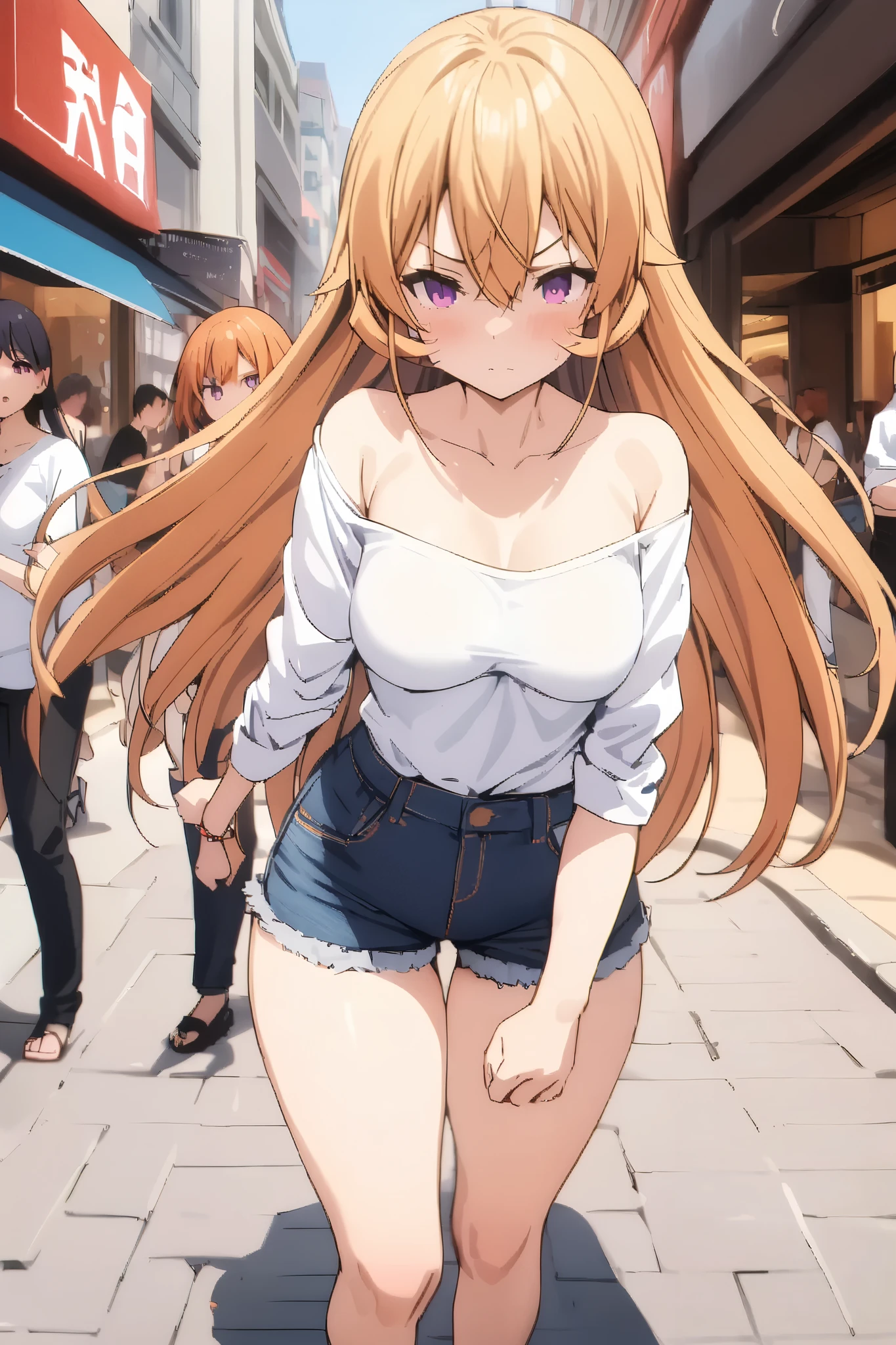 NSFW,masterpiece, top quality , high res, very detailed,Elina Nakiri 、 long hair、 orange hair、 purple eyes、 hair between eyes , off shoulder shirt, denim shorts,Sandals Heels ,bustling street