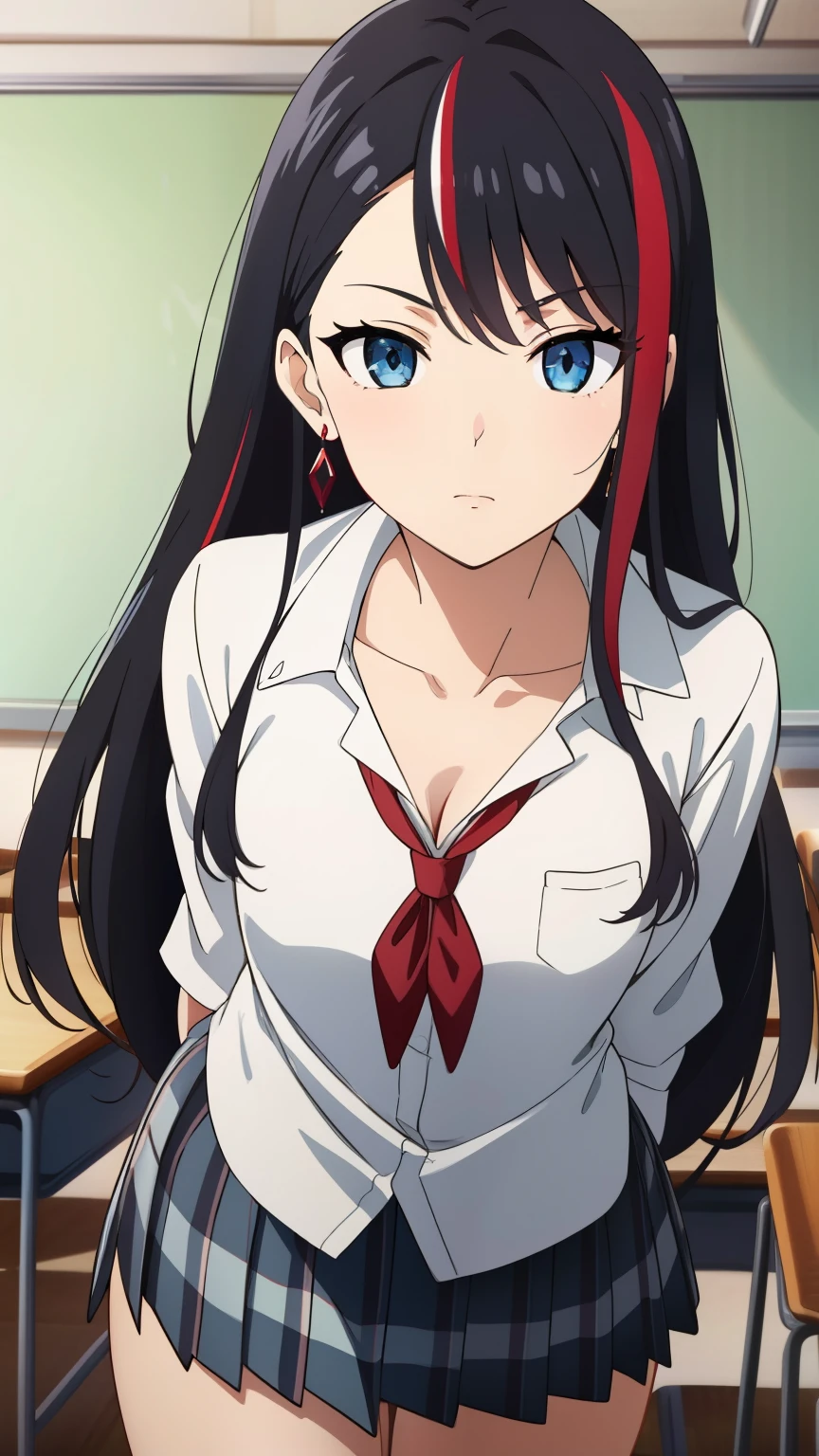 (Top quality, masterpiece, 8k), (anime coloring), very detailed, very detailed, perfect face, beautiful eyes, perfect eyes, detailed eyes, feature large highlight, detailed face, ultra-detailed, detailed eyes, symmetrical eyes, (dynamic angle), sharp details, 1 girl, (black red streaked hair), long hair, small breasts, healthy skin, slim, slim body, ((((short stature)))), (bored expression), (nffsw, (earrings, school uniform, white shirt, collarbone, checkered miniskirt, thighs, classroom)), (cowboy shot:1.3), looking at the viewer, in the center of the image