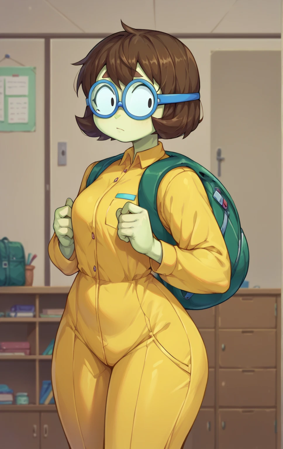 score_9,score_8_up,score_7_up BREAK DendyOKKO,short hair,black eyes, no pupils,brown hair,glasses,1girl,wide hips,bodysuit,backpack,:>,green skin,yellow jumpsuit,cowboy shot,room,room background, 