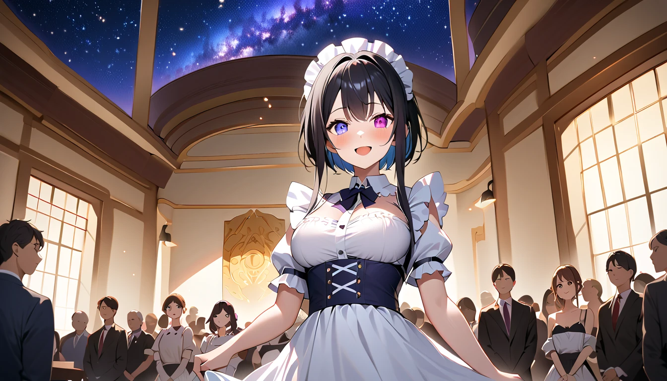 Beautiful illustrations, Best Quality, ((upright)), ((Arms at your sides)), Watching the audience,((1 man)), Open your mouth, smile, Virtual YouTuber、((Best Quality, expensive_solve, Clear_image)),(Black Hair), heterochromia,purple eye,white eye 、Laughter、Very large breasts、I can see the valley、Dressed in maid uniform、Background starry sky