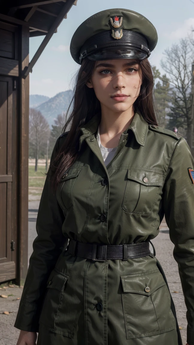 (masterpiece), best quality, HD, 8K, perfect face, brown hair, German Girl, Yoru, east German military uniform, evil smile, piercing red eyes, ringed eyes, open trench jacket ,large breast, military warden, stasi, scars, military holster, fullbody shot, pants, scars, marching, at ease pose army, military cap