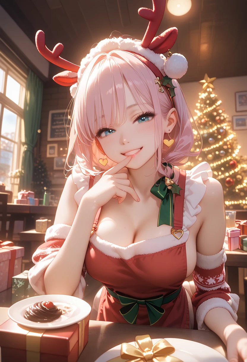 4k, ,Lens flare, pink hair , blush, blushing, 8k, best quality, 1 girl, detailed, Detailed fuchsia hair ++, detailed pink eyes ++, raytracing, perfect shadow, highres, enhanced eyes, plain white background, long hair, no background, white background, sexy, mature, christmas hat, christmas outfit, twin tails, sexy christmas outfit, pink eyes