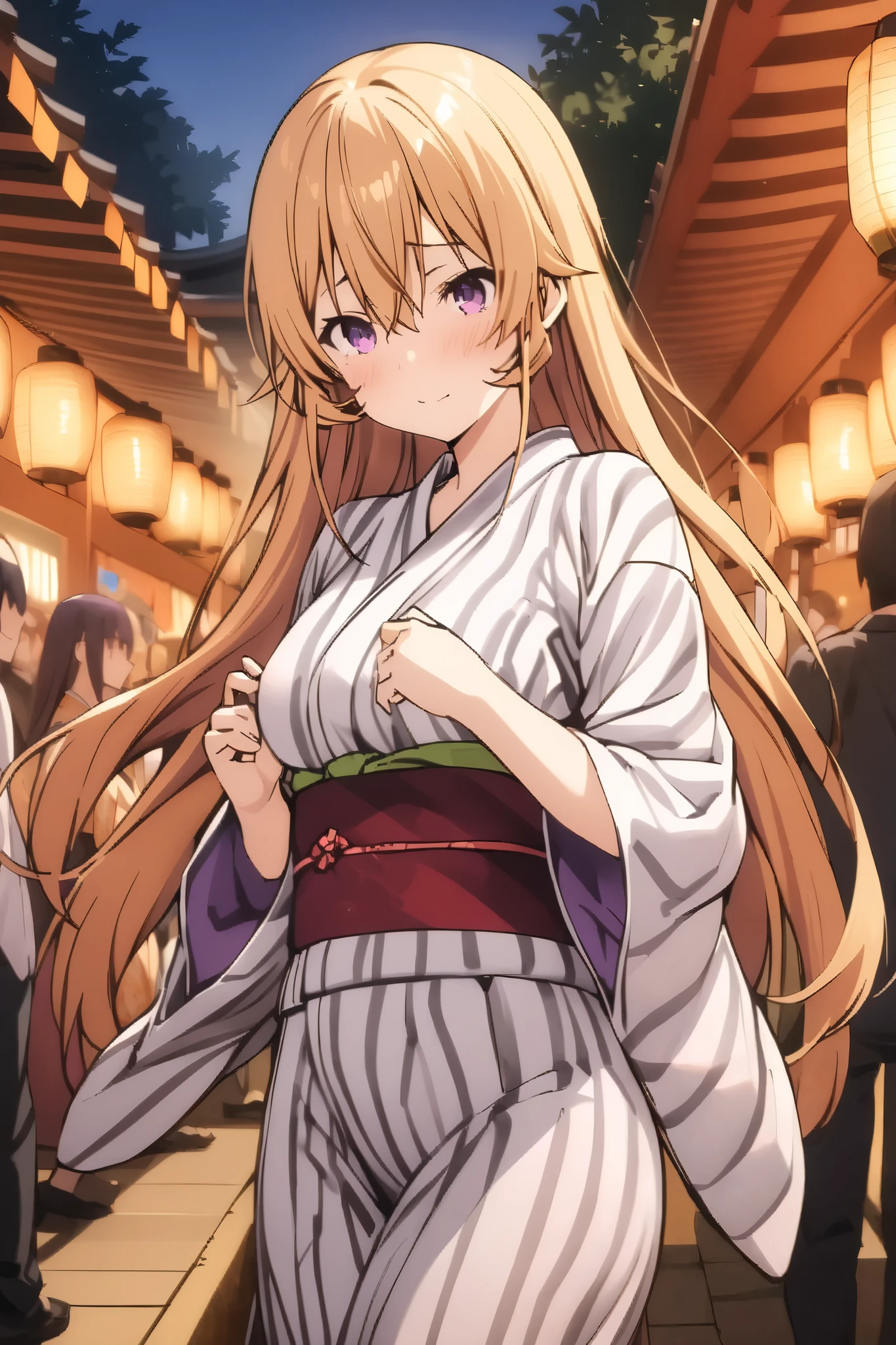 NSFW,masterpiece, top quality , high res, very detailed,Elina Nakiri 、 long hair、 orange hair、 purple eyes、 hair between eyes , kimono,yukata,shrine,Festivals,Opening a store,Lantern