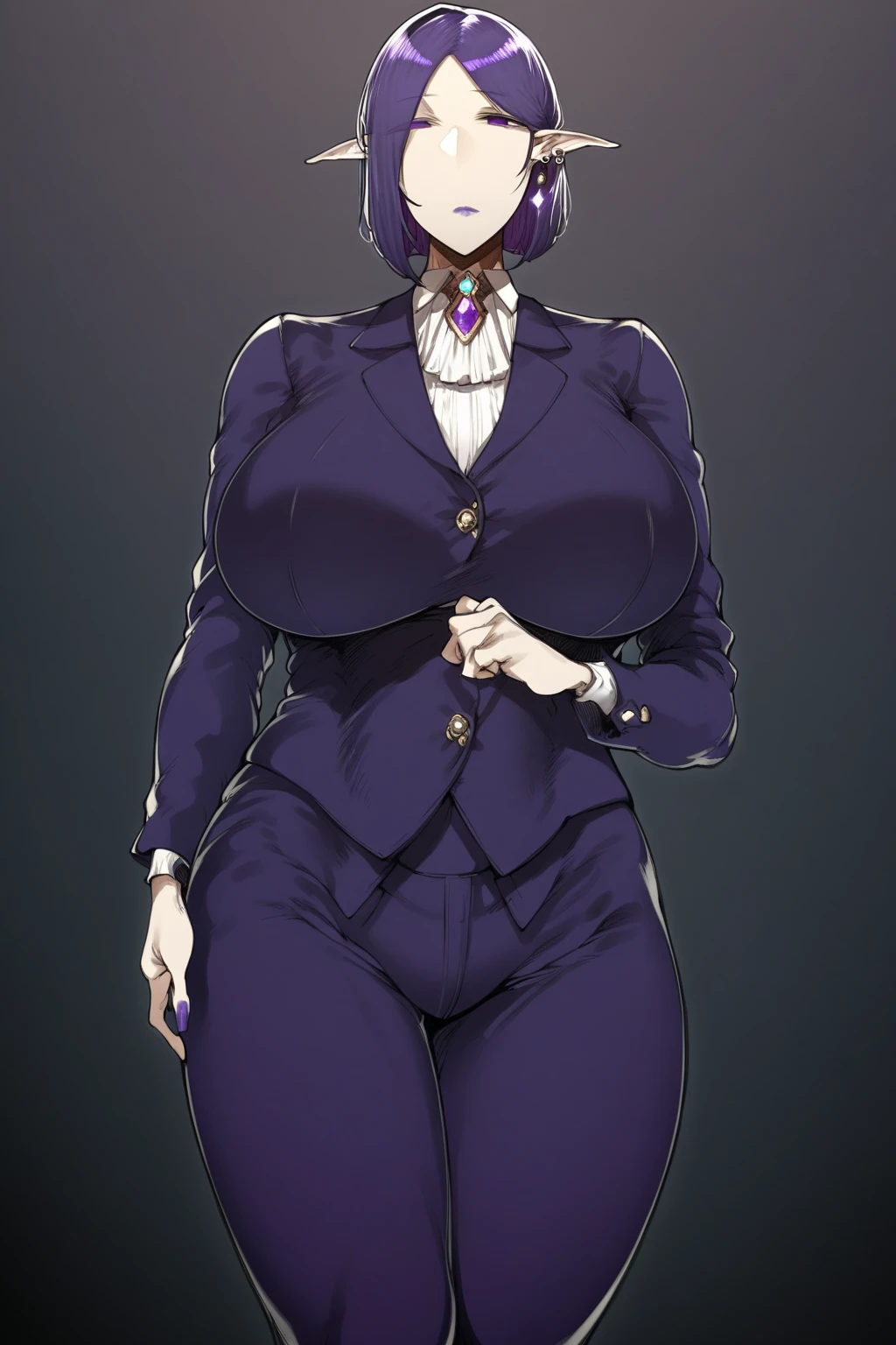 Milf, very voluptuous mature woman,  voluptuous body ,  very dark purple hair ,  by Corte Bob, bob cut hair, Straight hair, Very tall woman, big woman,  suitable for all audiences , pale skin,  butler woman , anime,  anime style tanishi ,  woman in very elegant men's clothing, Woman in butler clothes, dark purple eyes ,  dark purple eyelashes ,  purple gem brooch on the neck,  earrings with purple gems ,  woman with pants, empty stare y sin expresiones,  look without emotions y sin expresiones, empty stare,  look without emotions, Expressionless look, No expressions on my face, Expressionless look, Straight hair, by thin,  pointy ears , Elf ears, Very beautiful female elf, Butler&#39;s suit, mujer con Butler&#39;s suit hombre,  woman with pants de hombre,  tight pants, Female butler, Milf butler, Milf with men's pants, elegant pants, Alone,  butler woman  sola,  a butler, mayordomo Alone, Image of a single person, purple nails, dark purple lips,  purple lipstick ,  open eyes ,  looking at the spectator , 