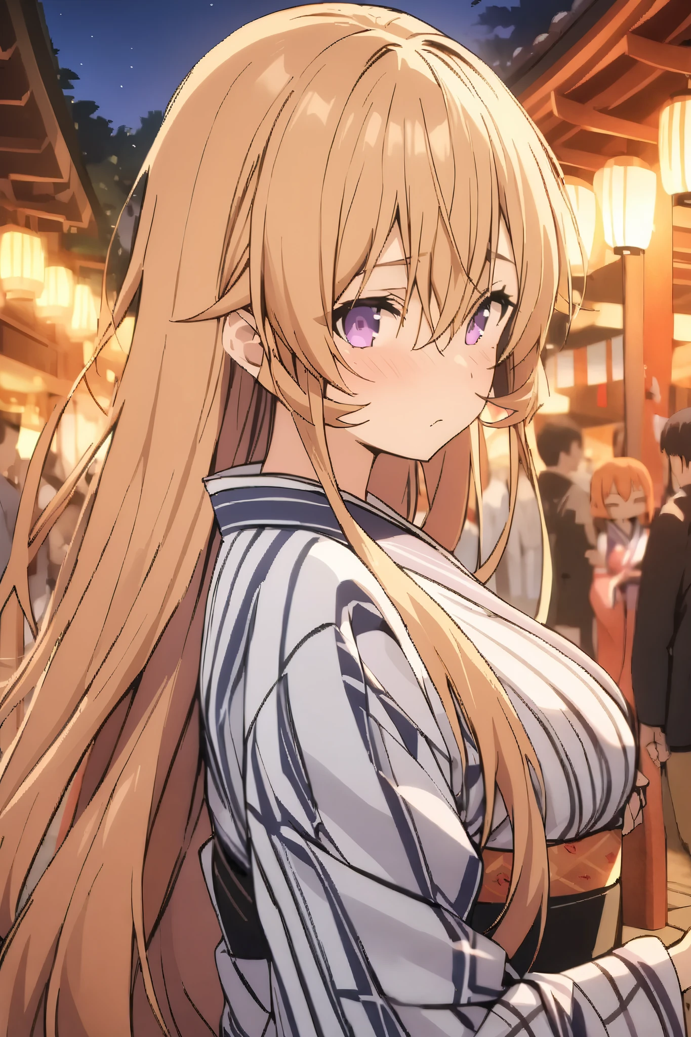 NSFW,masterpiece, top quality , high res, very detailed,Elina Nakiri 、 long hair、 orange hair、 purple eyes、 hair between eyes , kimono,yukata,shrine,Festivals,Opening a store,Lantern