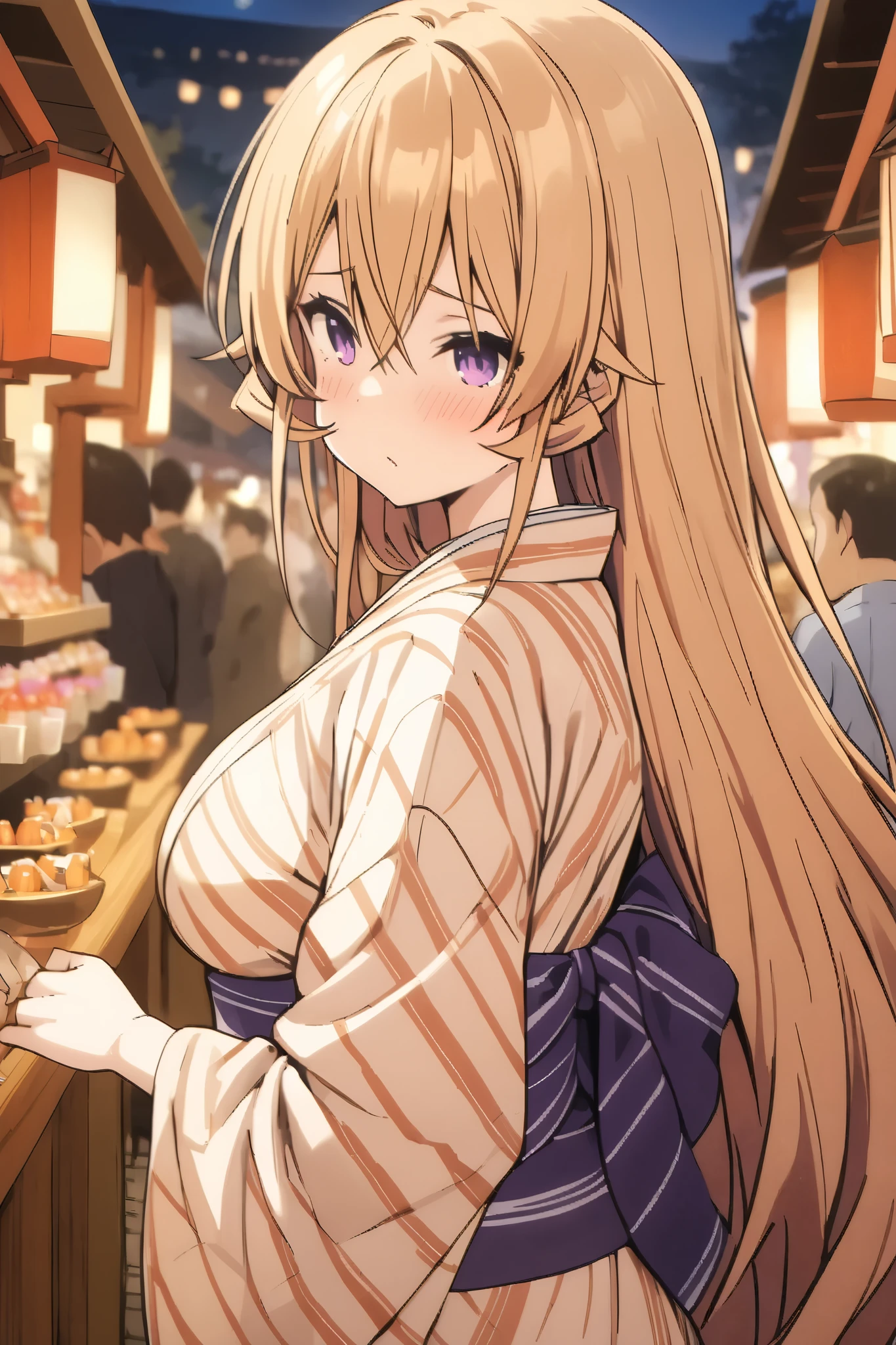 NSFW,masterpiece, top quality , high res, very detailed,Elina Nakiri 、 long hair、 orange hair、 purple eyes、 hair between eyes , kimono,yukata,shrine,Festivals,Opening a store,Lantern