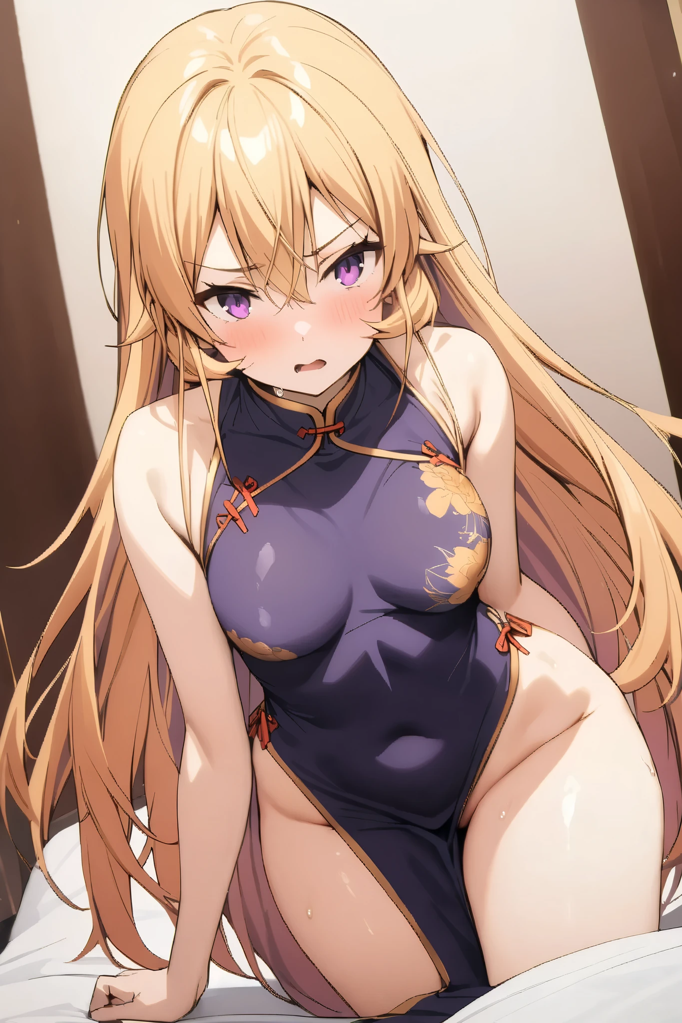 NSFW,masterpiece, top quality , high res, very detailed,Elina Nakiri 、 long hair、 orange hair、 purple eyes、 hair between eyes , China Dress