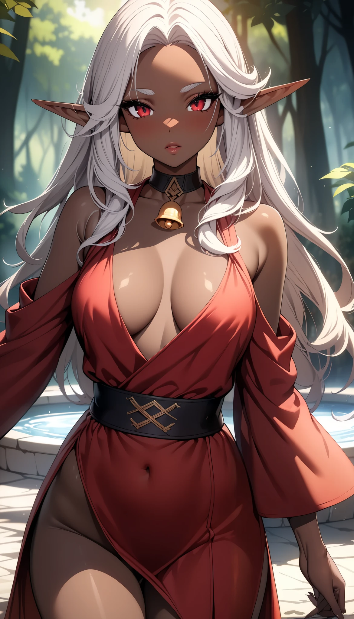 ( top quality :1.2,  very detailed,  high detailed CG illustration ,  soft focus, masterpiece:1.2,  best aesthetics), 1 female, ((( Beautiful Dark Elf Women,  brown skin:1.6))), JK,  Silver Hair,  wave hair included, Beautiful red eyes,  beautiful lips,  very detailed目と顔,  long eyelashes, Long ears,  pointed ears, Beautiful Kurodan , (( standing :1.2)),  red cloak:1.4,  Red Dress ,  choker with bell, ( sexy poses), Forest Fountain,  Dark Shiny Light , Quiet, obscene, obscene, Light streaming in,