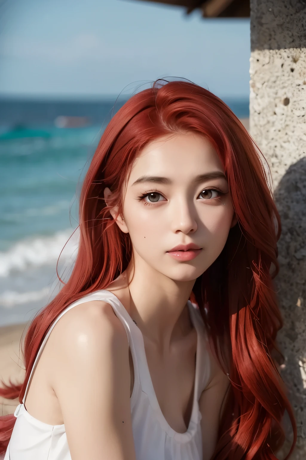 rapidly：sea beach,  bikini, Long gray hair, (close your mouth:1.4), sitted,, (tmasterpiece, high high quality, Best quality:1.3), Detailed pubic hair, 25-year-old girl, (tiny faeries), (red hair clothing:1.4), almond eyes, Green-eyed, Long gray hair, [curlies], eyeshadow makeup, Height 162 cm, Goose egg face, Collapsed nose, heart shaped lips, arched eyebrows