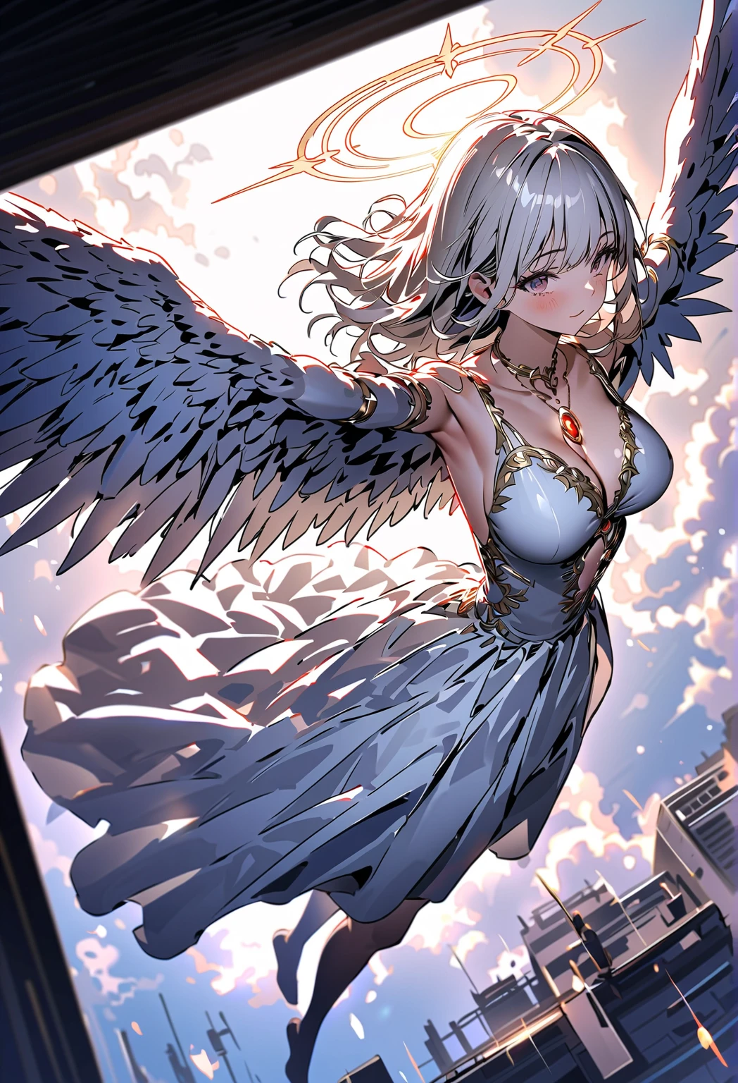 a (Rear view:1.5) A very beautiful female angel\(Long platinum blonde hair, Wide back white dress,(There are beautiful big angel wings on the chest),Very beautiful shiny halo\), She gently opened her arms，Seeking redemption, She is above the clouds, looking down at the world below,Ancient Europe， Fierce war\((So many sparks and flames), fail, fighter, Many buildings collapsed, Nature is destroyed, Magnificent scenery\) Happening Under the Clouds, rest ,quality\(8K,Extremely detailed CG unit wallpaper, masterpiece,high resolution,top-quality,top-quality real texture skin,Surrealism,提high resolution,RaW 照片,Best quality,Very detailed,wallpaper,light,Ray Tracing,Golden Ratio\),[National Foundation],Dynamic Angle,[National Foundation],from above