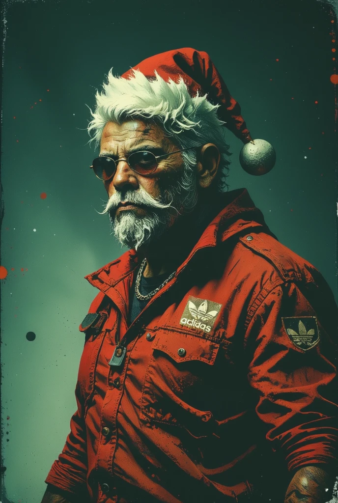  A brutal portrait of crime Santa Claus in a dramatic black and white manner.  tattoo ,  in red sportian Adidas costume in a gold chain and sunglasses .  One side of his litz is dimly lit ,  and the other half is hidden by a deep shadow .  The degeneration of his litz is mysteriously evil  , , his eyes hold a great secret .  Deep shadows hide his litzo ,   and the Adidas red suit is barely visible against the dark  . Surrounded by a whirlwind of snow and shadow . 