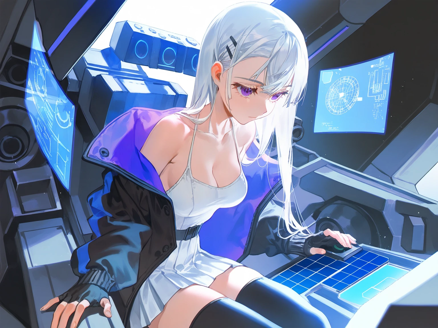Absurd resolution, High resolution, (masutepiece: 1.4), Hyper-detailing, Silver-haired young woman dressed as technician, Blushing、Anxious look, neons、Sitting in a very narrow and closed mecha cockpit、High Quality Women, Punk rock techno, Holoscreen, Adult radio girl playing music, Long hair, Cyber Music Costumes, Blue and turquoise shades, Purple hue,small tits、Smaller chest