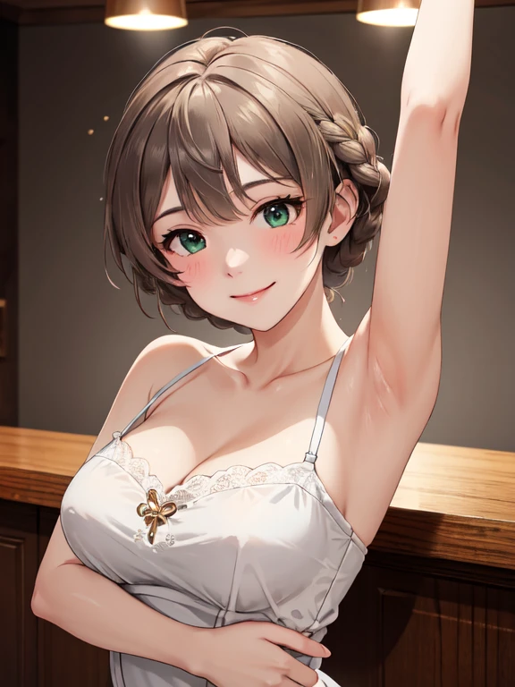 masterpiece, top quality , high res, super detailed ,bbdarjeeling, short hair, braiding,bangs,smile、  closed mouth、Absolute reference to the center、Cute for everyone to see、 turn your arms around your back,clavicle,White Dress、Absolute reference to the center、whole body, Alone, cinematic lighting、 cowboy shot 、 very detailed face,  perfect lighting,  Highly detailed CG, braided 