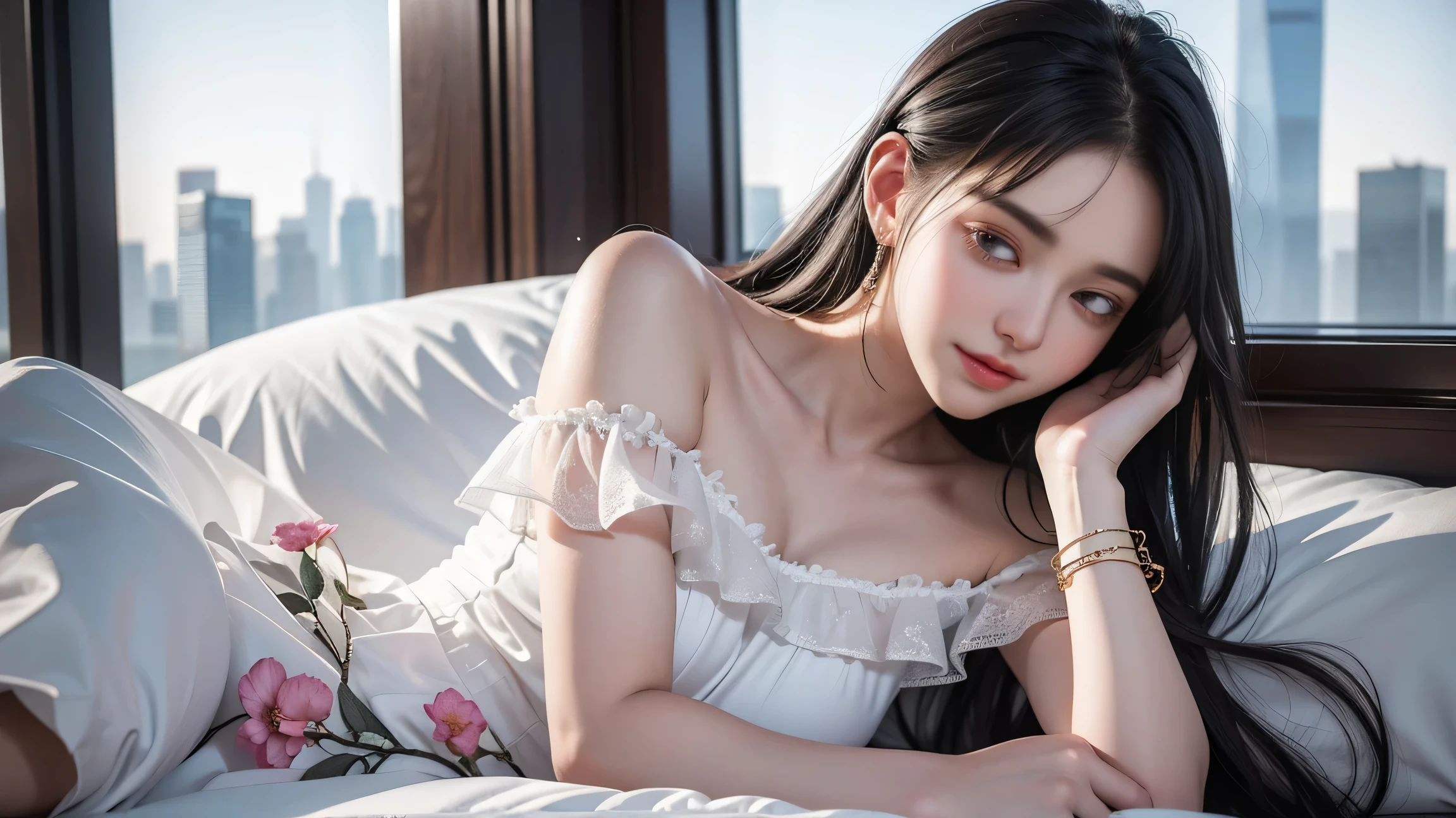 ((Girl lying on bed))、Beauty、 One Girl、alone、Long Hair、Viewer、smile、(Eyes closed)、hair ornaments、、gem、Gray Hair、Shut your mouth、Blunt banganicure、bracelet、lips、Grey Eyes、Portraiture、Red nails、close、赤いlips、Put your hands on your face、Place your hand on your cheek、()、(Shiny skin)、((Skyscrapers are hazy outside the window))、(Off-shoulder white dress with floral pattern),),((Girl sleeping with legs slightly apart)),(Leg spread),((White panties are visible)),(Lift-up skirt)、