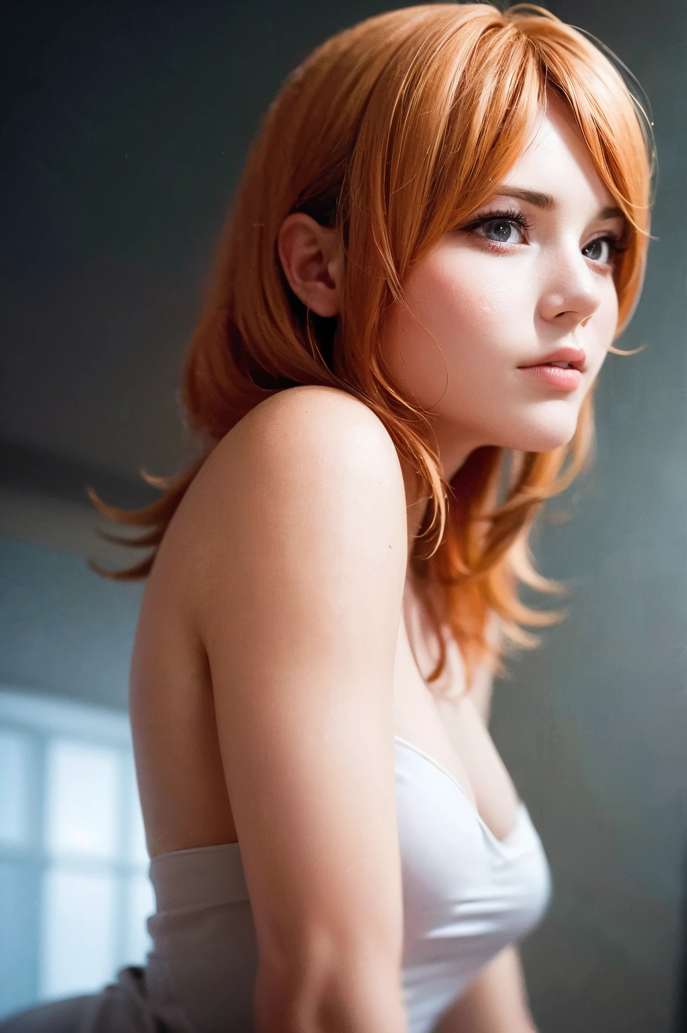 1 chica timida,detalles, Exhibición,cabello naraja,ropa fina,sin sujetador, Sin bragas,sudar profusamente, muslos,vulgar, entrepierna mojada,sentadillas,,1 shy girl, orange hair, unusual pose, beautiful detailed eyes, beautiful detailed lips, extremely detailed face, longeyelashes, intricate dress, soft lighting, muted color palette, cinematic composition, (best quality,4k,8k,highres,masterpiece:1.2),ultra-detailed,(realistic,photorealistic,photo-realistic:1.37),cinematic,digital art,concept art