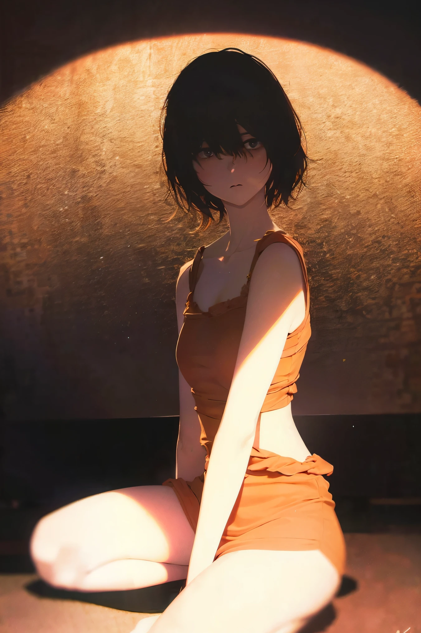 1 shy girl, extremely detailed, art exhibition, orange hair, delicate clothing, braless, without panties, profusely sweating, thighs, vulgar, wet crotch, squatting, (best quality,4k,8k,highres,masterpiece:1.2),ultra-detailed,(realistic,photorealistic,photo-realistic:1.37),intricate details, hyper realistic, dramatic lighting, cinematic composition, moody colors, chiaroscuro lighting