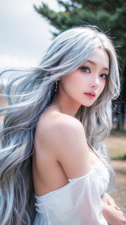 1 female, White long curly hair，Natural and beautiful hair，The background is simple, Clean and beautiful. Gray Hair. Close your lips. Water Magic. elegant. elegantな服装. Blue natural eyes. drink. 