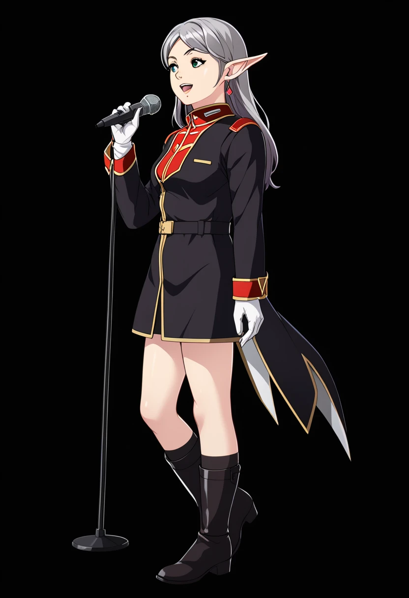 score_9、 score_8_  up、 score_7_  up、{{{{  titan costume  }}}}、  1 girl、 long hair, Gray Hair,  long twin tail ,  green eyes,  pointed ears,  earrings for women with first name, 、uniform、  Long Sleeve  、、  Black Knee High Socks、Knee Boots、  standing, ((Podium)), busy, indoor, Meeting Room、 Looking Ahead  ,  microphone,  open your mouth,、  happy 、smile、 