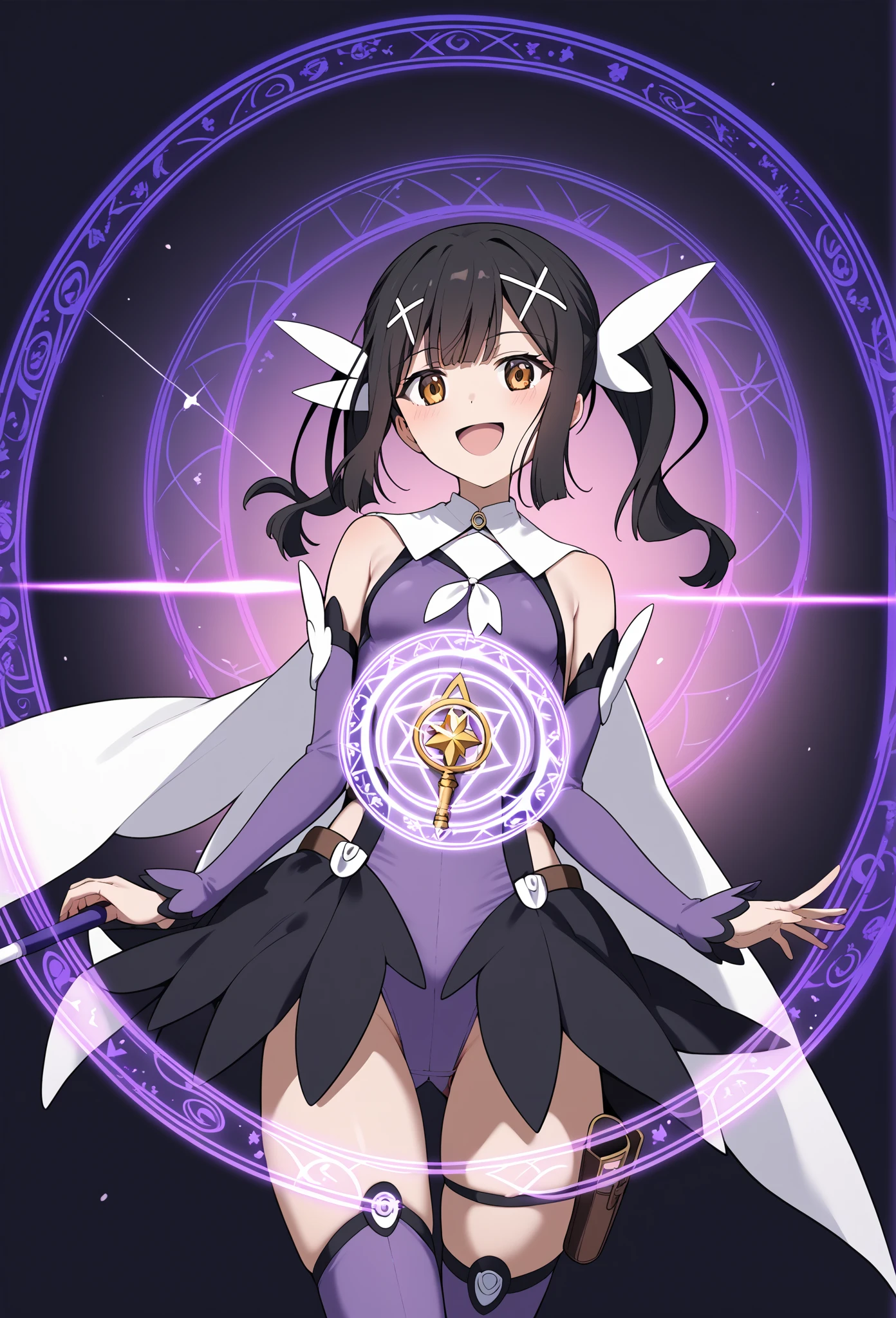 score_9, score_8_up, score_7_up, score_6_up, score_5_up, score_4_up, source_anime, aamiyu, black hair, twintails, x hair ornament, brown eyes, small breasts, bare shoulders, magical girl, white cape, purple leotard, detached sleeves, purple sleeves, showgirl skirt, black skirt, thigh strap, thigh pouch, purple thighhighs, standing, cowboy shot, holding wand, smile, open mouth, magic circle,