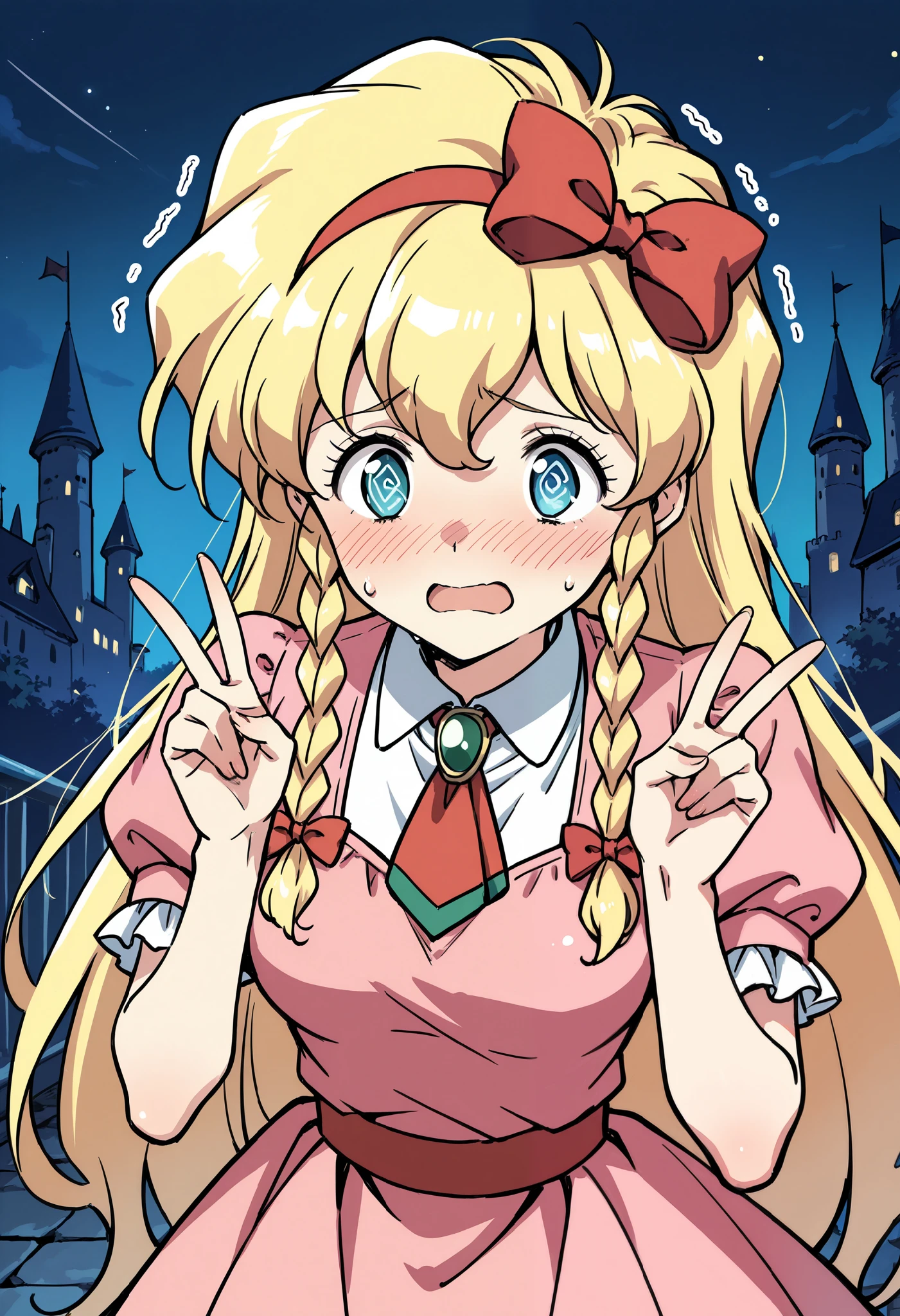 masterpiece, best quality, absurdres, highres, newest, 1girl, solo, Maria_Renard, blonde hair, very long hair, breasts, hair bow, blue eyes, red bow, hairband, twin braids, bangs, pink dress, jewelry, hands up, peace sign, two fingers, sweat, worried, open mouth, @_@, blush, trembling, shaking, shiny skin, sky, night, castle,