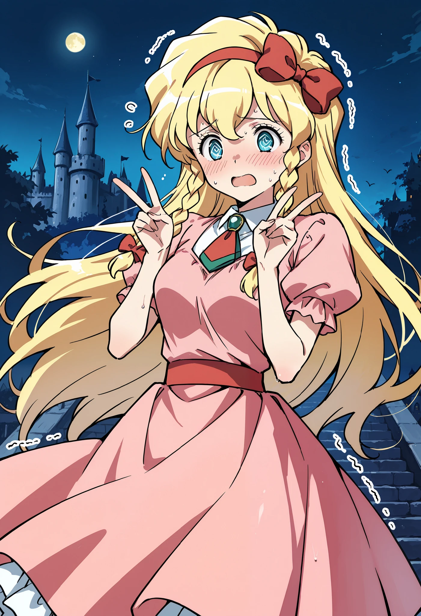 masterpiece, best quality, absurdres, highres, newest, 1girl, solo, Maria_Renard, blonde hair, very long hair, breasts, hair bow, blue eyes, red bow, hairband, twin braids, bangs, pink dress, jewelry, hands up, peace sign, two fingers, sweat, worried, open mouth, @_@, blush, trembling, shaking, shiny skin, sky, night, castle,