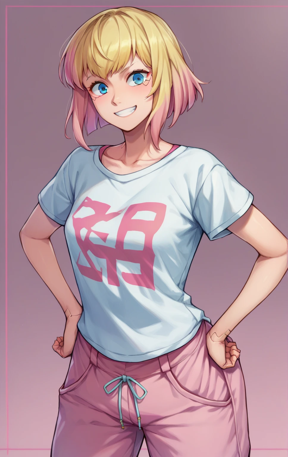 score_9, score_8_up, score_7_up, BREAK GwenpoolSDXL, 1girl, Blonde hair, Medium hair, blue eyes, anime girl, small breasts, pink t-shirt, cyberpunk city background, hands on hips,baggy pants, pink pants, smile, looking at viewer 