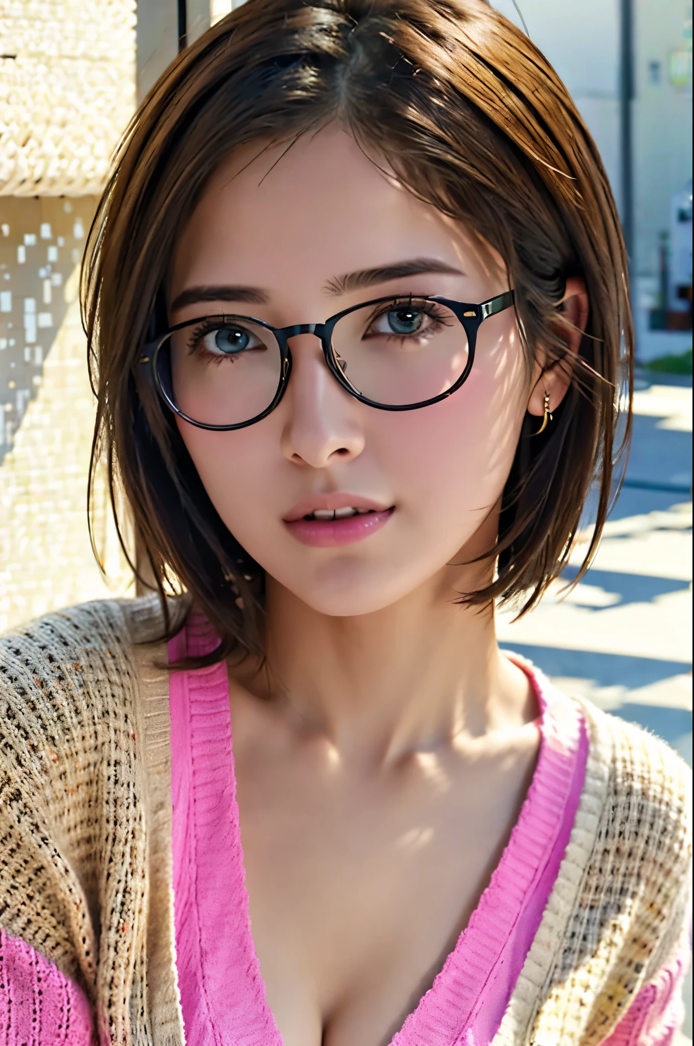 Best-quality, Masterpiece, Ultra-High-Resolution, (Photorealistic:1.4), Raw-Photo, (Photorealistic:1.4), Raw-Photo, 1girl, 30-years-old, the most popular Japanese actress, upper-body-shot, (((wearing stylish glasses)), woollen sweater), looking at viewer, beautiful smile, extremely beautiful face like a most famous Japanese actress, extremely beautiful big black solid circle eyes, (extremely beautiful black short-cut-haired), extremely beautiful lips, extremely beautiful white skins, extremely beautiful big breasts, extremely beautiful body