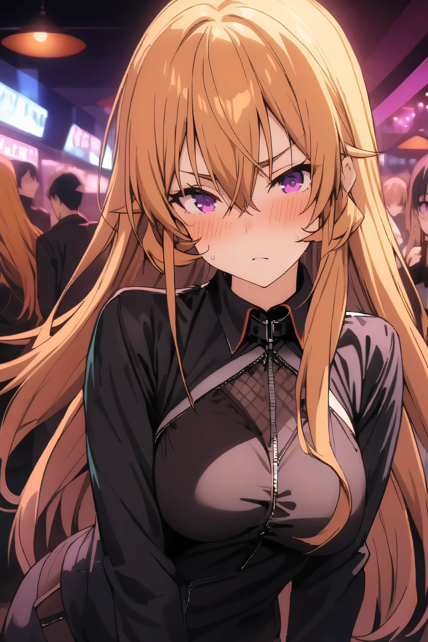 NSFW,masterpiece, top quality , high res, very detailed,Elina Nakiri 、 long hair、 orange hair、 purple eyes、 hair between eyes ,Cool clothes,Nightlife