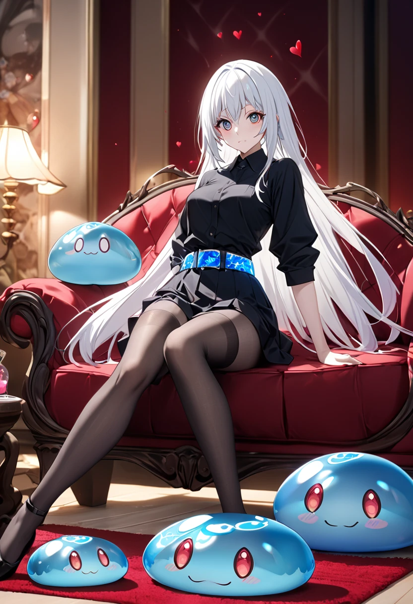 (( top quality )), (( masterpieces )), (Familiar with), , perfect face , eyelash , Big eyes, ( tensei shiTara slime datta ken ), (Luminous Valentine),  Background Converter, sofa,  long white hair , ตาred 1:2(red), ตาblue 1:2(blue),  medium chest,  Set Made,  Mesh Belt Stockings, Sit with legs open