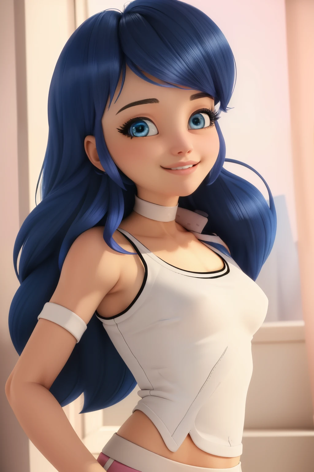 (8k, RAW photo, best quality, masterpiece:1.2), (intricate details), perfect eyes, perfect face, perfect lighting, beautiful, (masterpiece:1.2), (best quality:1.2), 1girl, solo, marinette, blue hair, long hair down, adult torso, , slight smile, medium sized breasts, white sleeveless shirt, pink sweatpants