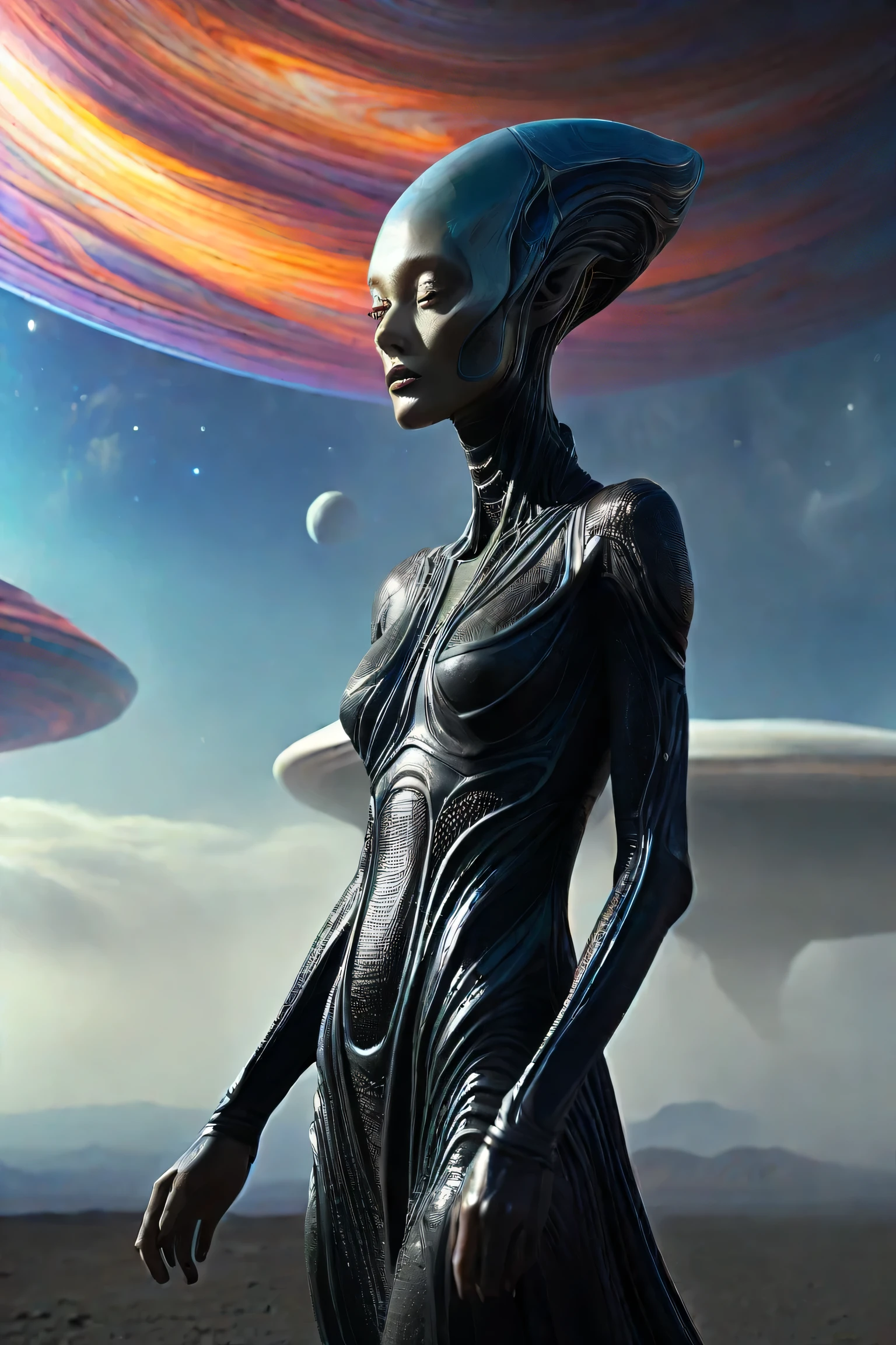 highdefinition images 、 psychedelic 、 Surrealism 、 high quality full body image, 2700 SF8K movie from the 2500 SF8K movie , Dark movie stills , 16k, Alien Goddess of Space , God who loves death , Sci-fi movie stills, Ash Thorpe, VFX Movie