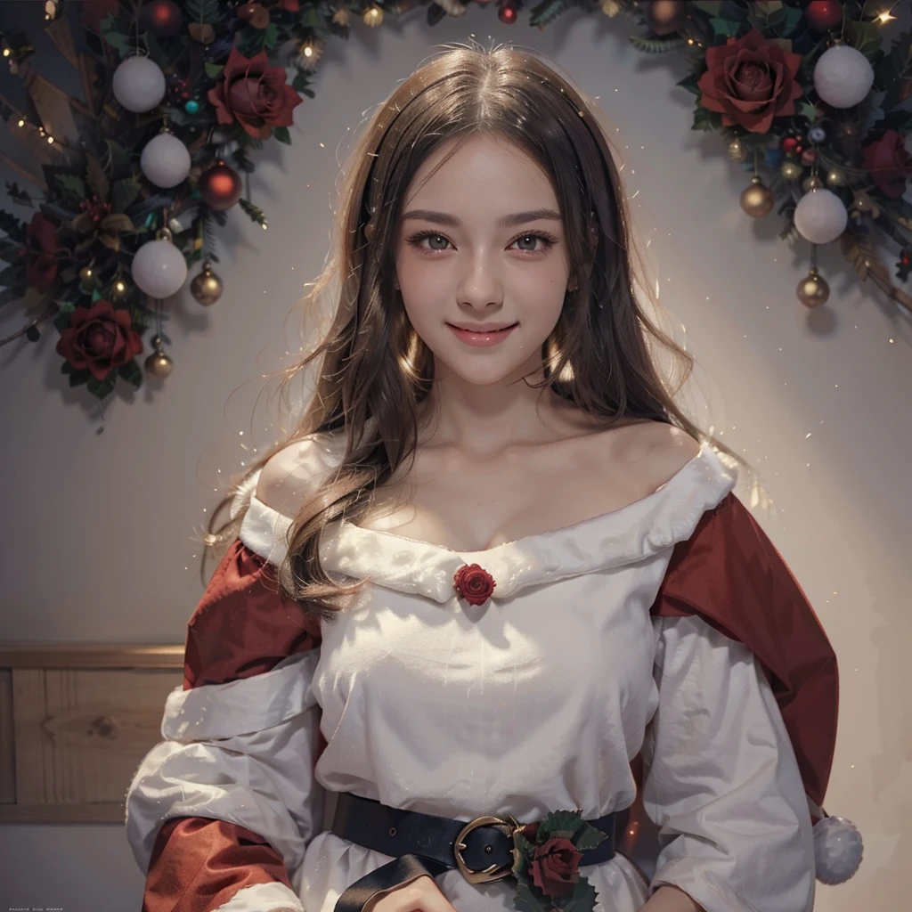    long black hair and red rose anime girl in Santa Claus costume , Gwaiz, Gwaiz on pixiv artstation,     Popular Detailed Digital Christmas Animation Art  ,    beautiful anime girl showing bare skin  , Gwaiz on artstation pixiv,    Anime Style 4k  , everyone, beautiful anime portrait,     Christmas Portrait Anime Girl Details     ,     BEAUTIFUL ANIME WOMEN    ,  Detailed Christmas anime art high resolution   ,    anatomically correct ,   smile, 