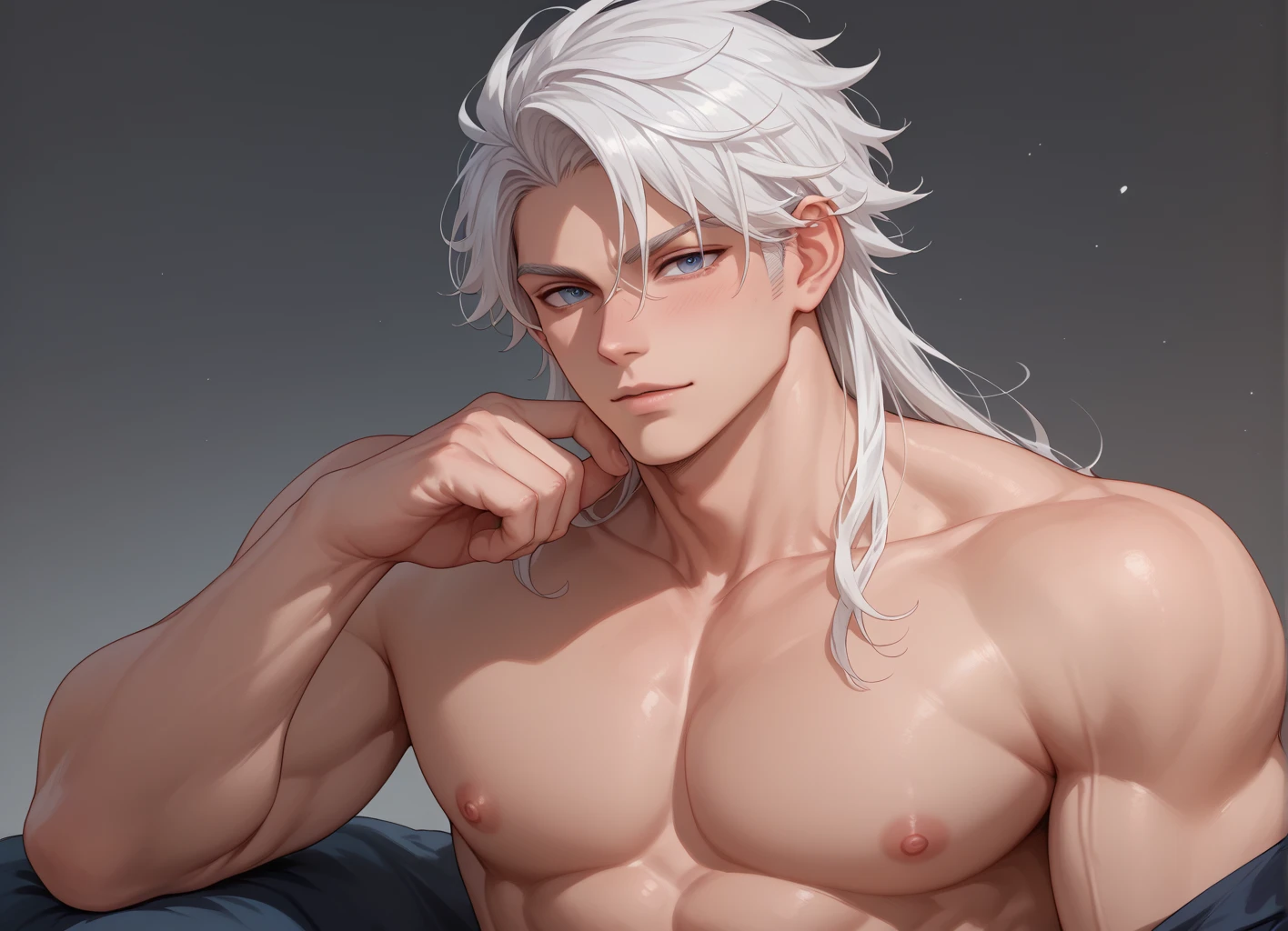 Anime, 1man, white hair, blue eyes, light particles, light rays, long hair, ponytail, white shirt, muscle, temple, upper body,