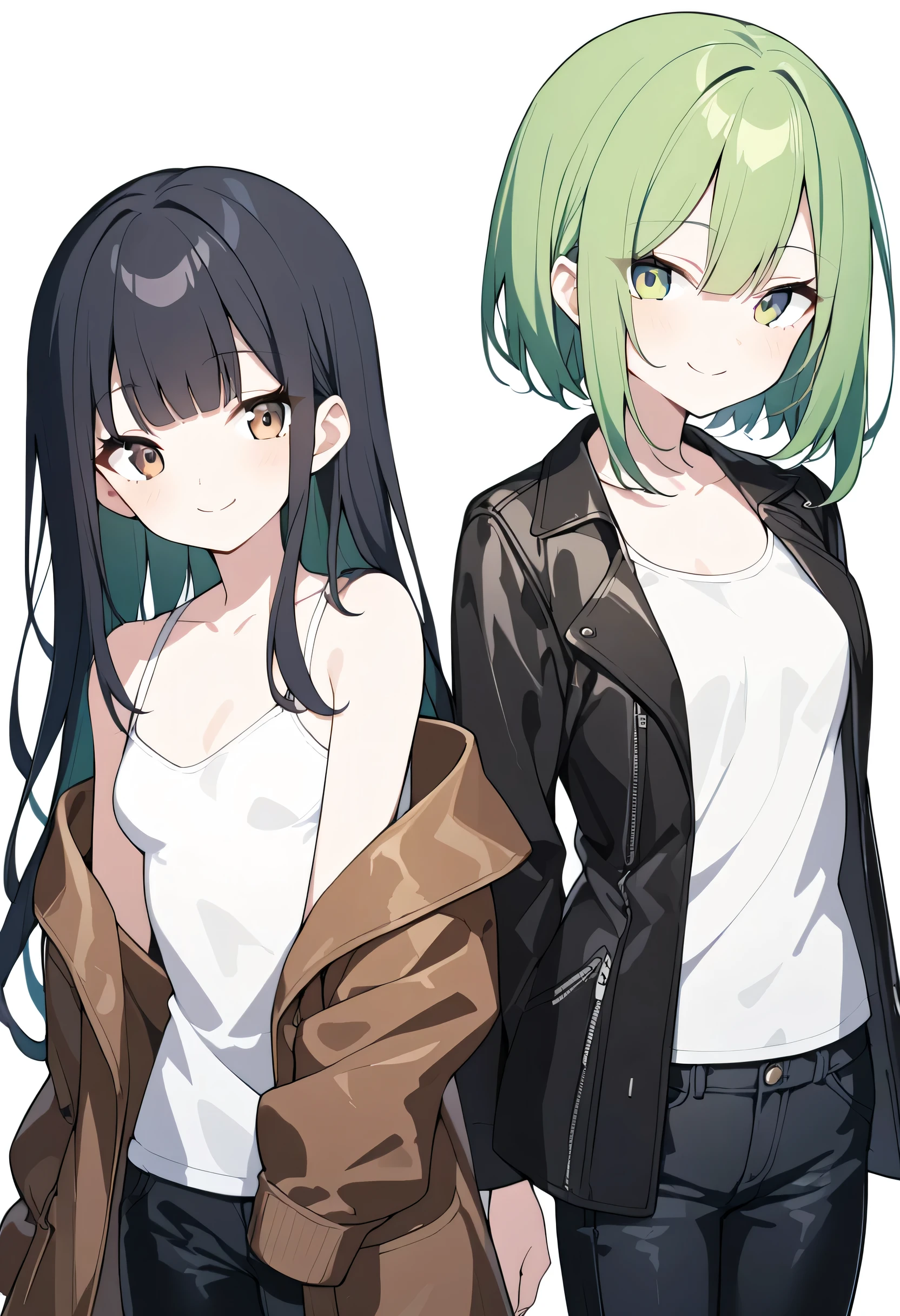 (( 2 women )),Couple shot,{1(Standing on the left side, black hair long hair ,Brown Eyes, with bangs, is short, white tank top, cardigan ,Taiwanese)},,,,,,,{2(Standing on the right side, green hair short hair , green eyes, tall ,Super small breasts,leather coat ,black long denim pants, Japanese)}, empty background,White background, looking at camera,smile