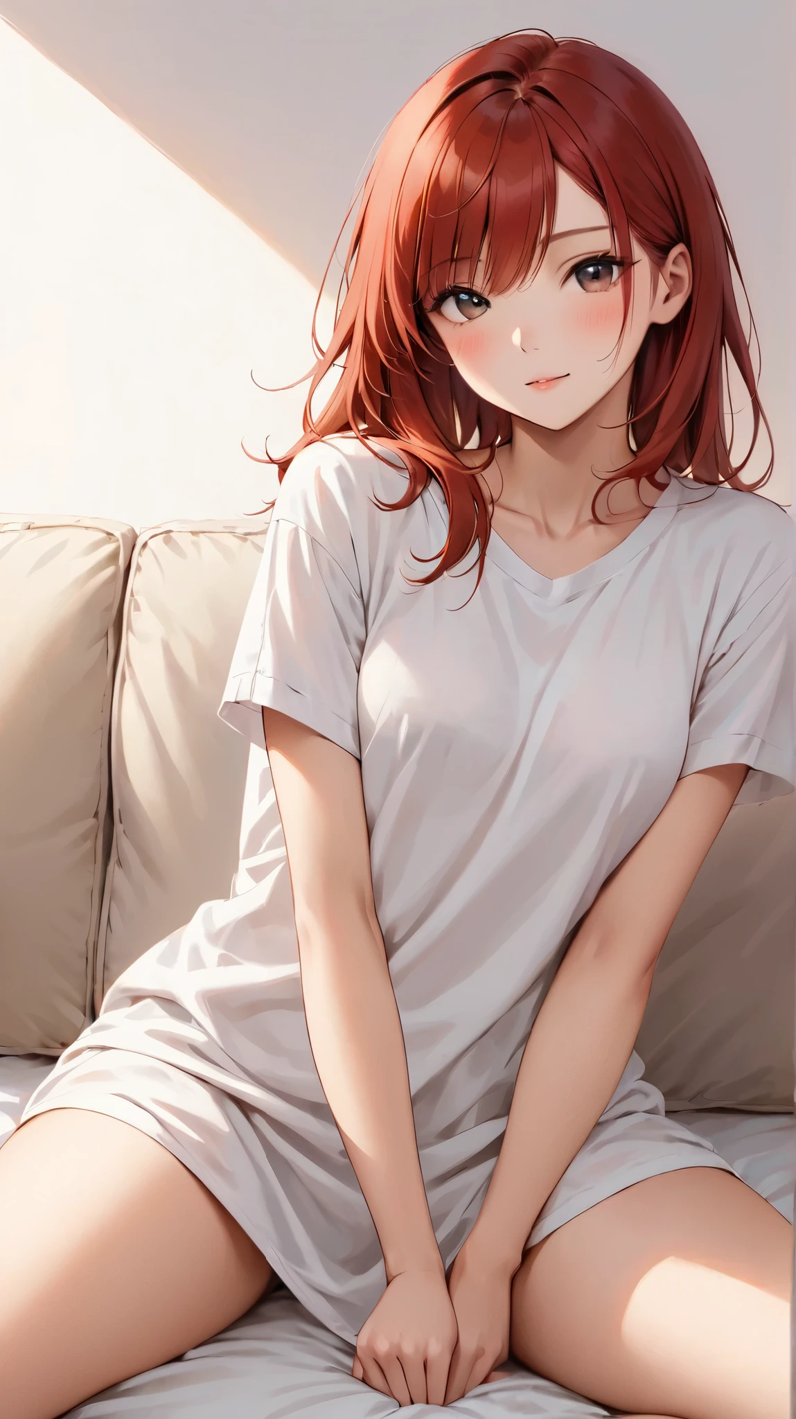 Character: -yeld gi medium-length tousled red hair with a slight wave, wearing an oversized white men's shirt styled for comfort and modesty. The shirt is loosely worn with some casual folds at the hem, creating a cozy and relaxed look.
Pose and Style: Sitting on a soft surface (e.g., couch or bed), casual and comfortable pose, natural and carefree expression, slightly blushed cheeks. Brilliant skin,
perfect anatomy (perfect anatomy:1.9), (slender, curvy, fit body:1.5),
(medium breasts:1.3), Beautiful breasts, nice hands, perfect hand, Beautiful legs,
Background: Minimalistic or softly blurred for focus on the character.
Details: Sharp and clear facial features, soft lighting with slight warmth.
Enhancements: High-quality fabric details, realistic textures, a playful but wholesome vibe.