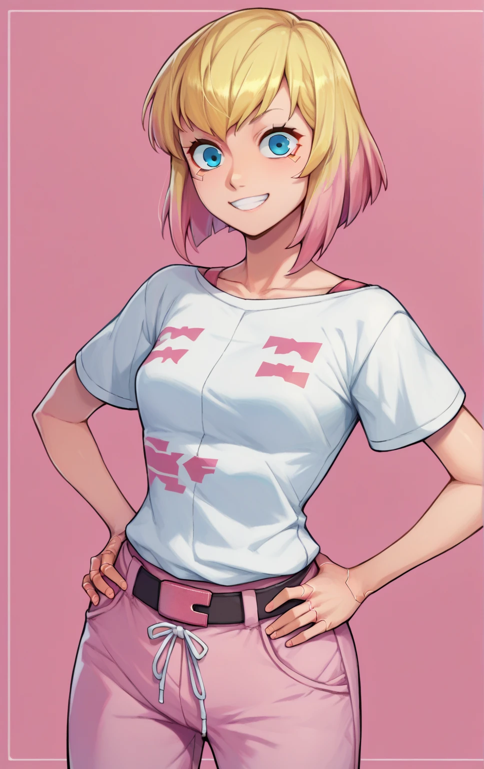 score_9, score_8_up, score_7_up, BREAK GwenpoolSDXL, 1girl, Blonde hair, Medium hair, blue eyes, anime girl, small breasts, pink t-shirt, cyberpunk city background, hands on hips,baggy pants, pink pants, smile, looking at viewer 