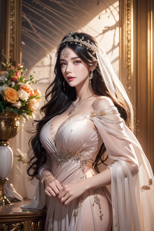 1girl, ice-crystal embellished dress, unclothed body, jewel, lace cloak, fluffs, pearl bodychain, beautiful detailed eyes, beautiful detailed lips, extremely detailed eyes and face, long eyelashes, best quality, 4k, 8k, highres, masterpiece, ultra-detailed, realistic, photorealistic, photo-realistic, ethereal glow, regal elegance, intricate details, luxurious, otherworldly beauty, dark atmospheric background, supernatural aura, elise,