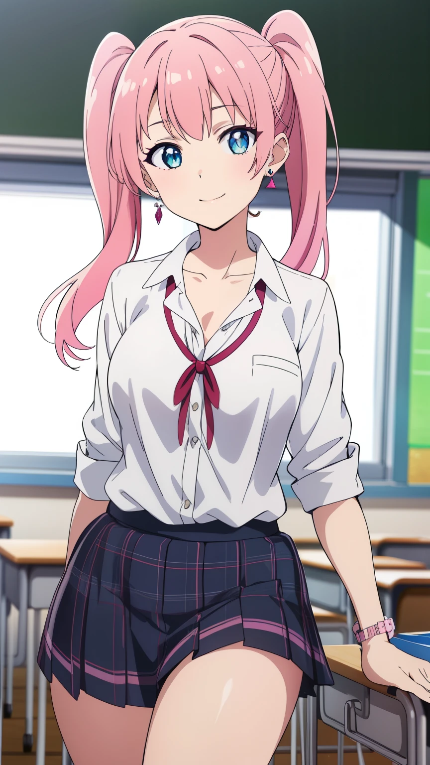 (Top quality, masterpiece, 8k), (anime coloring), very detailed, very detailed, perfect face, beautiful eyes, perfect eyes, detailed eyes, feature large highlight, detailed face, ultra-detailed, detailed eyes, symmetrical eyes, (dynamic angle), sharp details, 1 girl, black hair, long hair, medium breasts, healthy skin, slim, slim body, ((pink hair, twintails)), (((short stature))), (half smile), (nffsw, (earrings, school uniform, white shirt, collarbone, checkered miniskirt, thighs, classroom)), (cowboy shot:1.3), looking at the viewer, in the center of the image