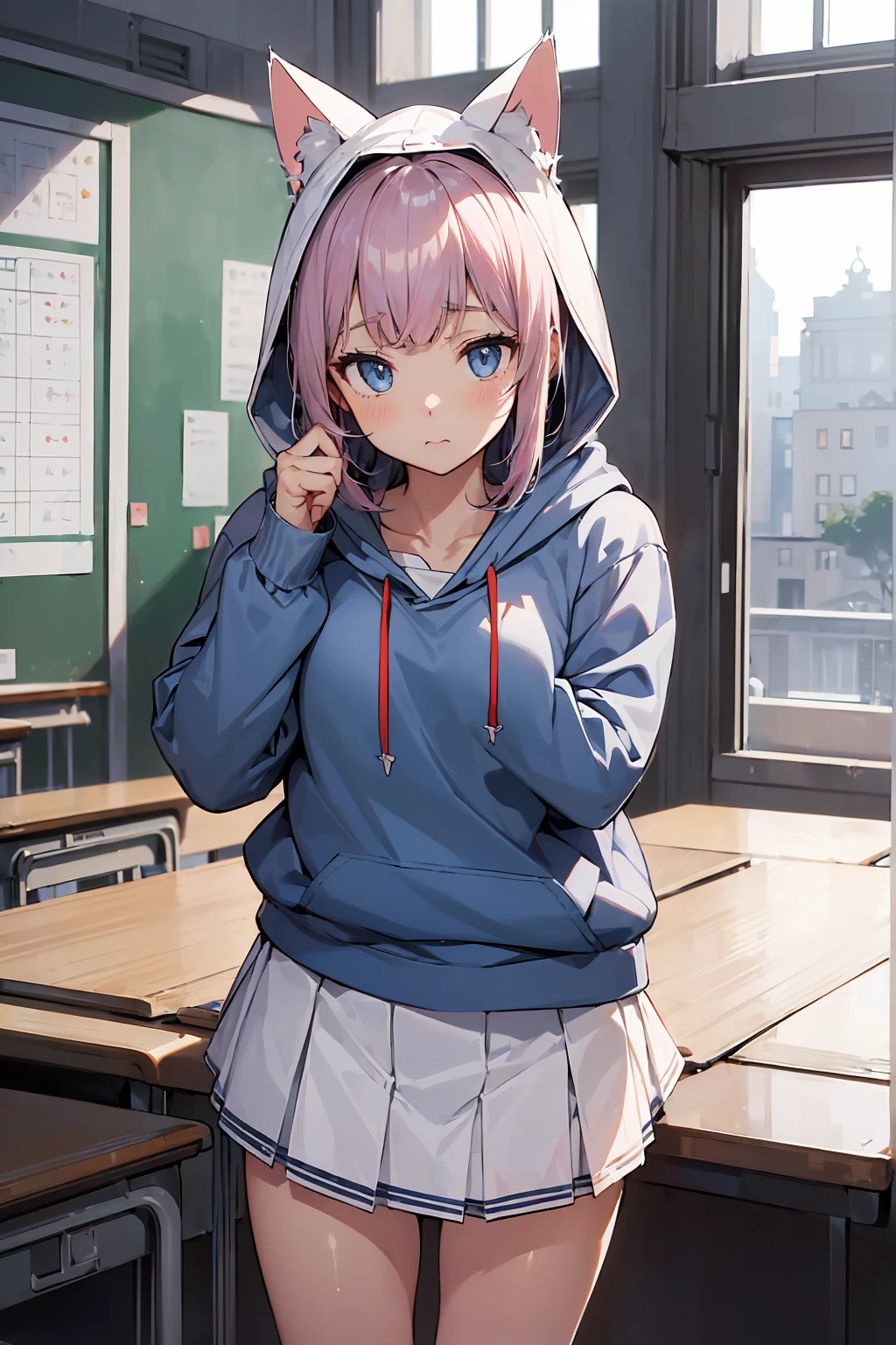 1 girl, , 超 high res, retina, masterpiece, Accurate, anatomically correct , Rough skin, 超 Details, Details, High Quality , Awards, 最 High Quality , high res, high res, 4K,(Anime,8k,masterpiece, 最 High Quality , 最 High Quality , beautiful and aesthetic :1.2, PROFESSIONAL ILLUSTRATION :1.1,超 Details:1.3, perfect lighting),非常に Detailsな,最も Detailsな, high res, cute pose, embarrassing, light blue hair ,classroom,(Wear a uniform indoors :1.5),( school uniform:1.9), black hooded jacket,( cat ear hooded hoodie :1.5),(Open the clothes:1.5),( skirt flip:1.5),( white :1.5),(Falter:1.9)