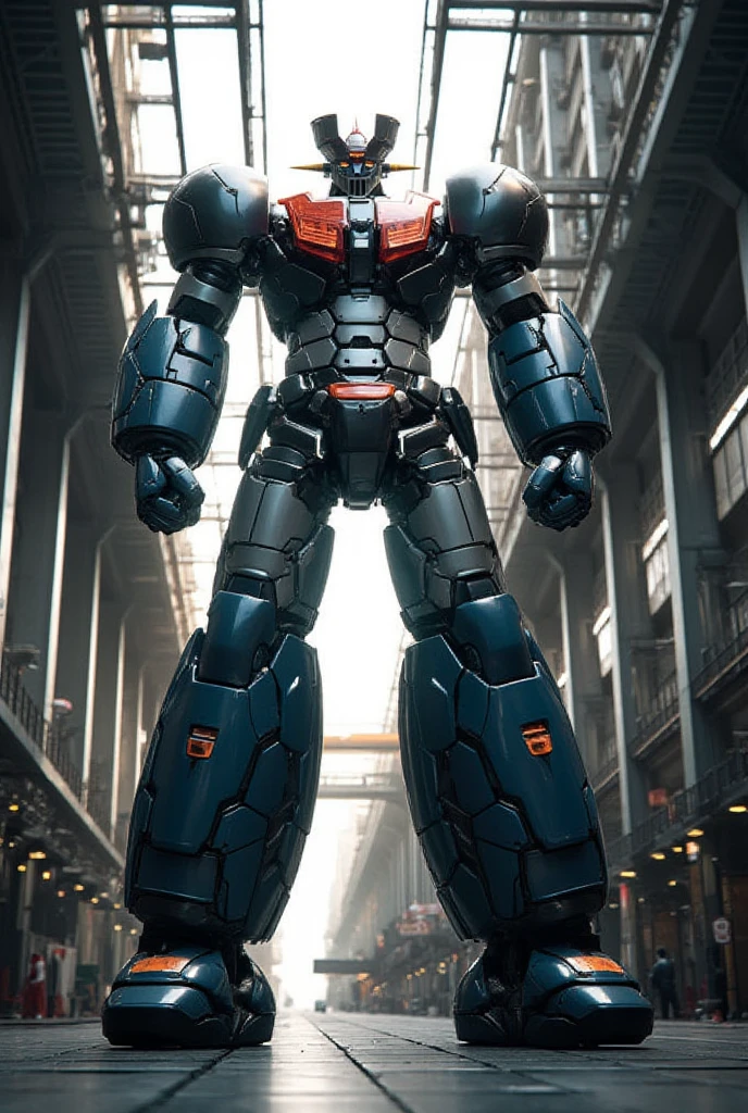   A very realistic smart version of Mazinger Z with the latest design and full body refinement, It stands at a massive height of 98 meters .  constructed with modern materials such as steel ,  Carbon Fiber ,  other industrial elements are also visible ,  just like the real thing , Rugged exterior .  and is set in a large indoor plant facility maintenance shop ,  the appearance of Mazinger Z standing around ,  illuminated by natural light 、Realistic shadows and accentuated massive structures using Gundam technology . The floor emits fine LED light 