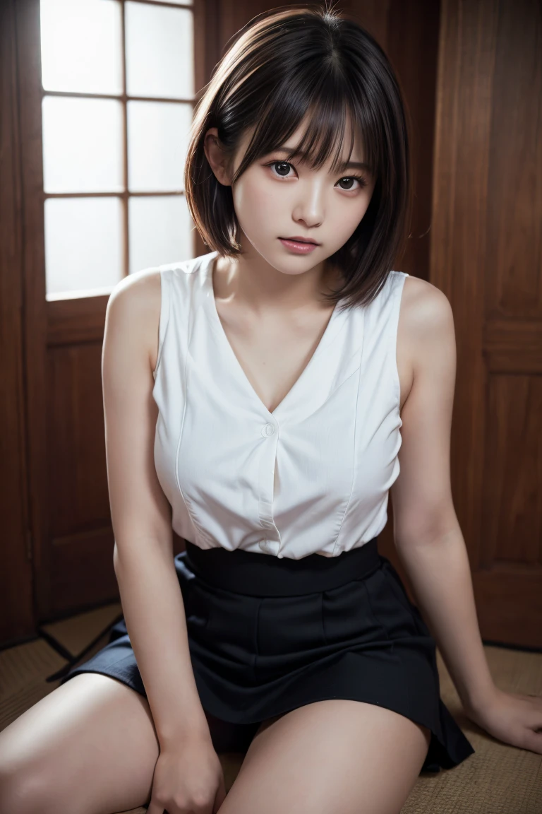 ((masutepiece)), ((Best Quality)), (Ultra-detailed), ((Extremely detailed)), 4K, (8K), Best Quality, (Beautiful), Gradation, NSFW, (masutepiece, Best Quality:1.2), 8K, 18year old, 85 mm, Official art, Raw photo, absurderes, White dress shirts, Pretty Face, close up, Upper body, violaceaess, gardeniass, Beautiful Girl, Sleeveless, Cinch West, thighs thighs thighs thighs, Short sleeve, Colossal tits, black hair shorthair、Inside the burger shop, Looking at Viewer, No makeup, (Smile), Film grain, chromatic abberation, Sharp Focus, face lights, clear lighting, Teen, Detailed face, Bokeh background, medium breasts
